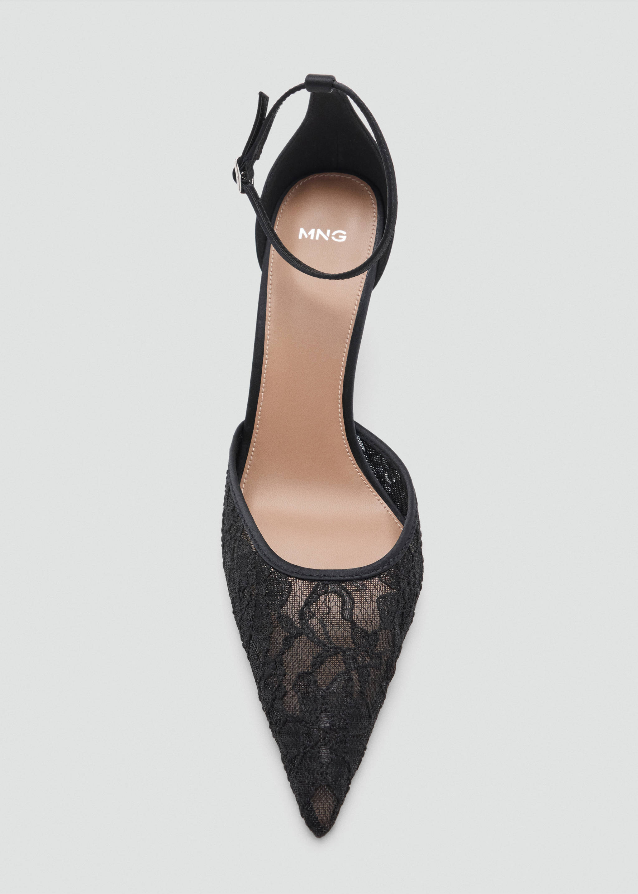 Black lace pointed-toe shoe with an ankle strap and heel., Black. Ref: 37067788-00.