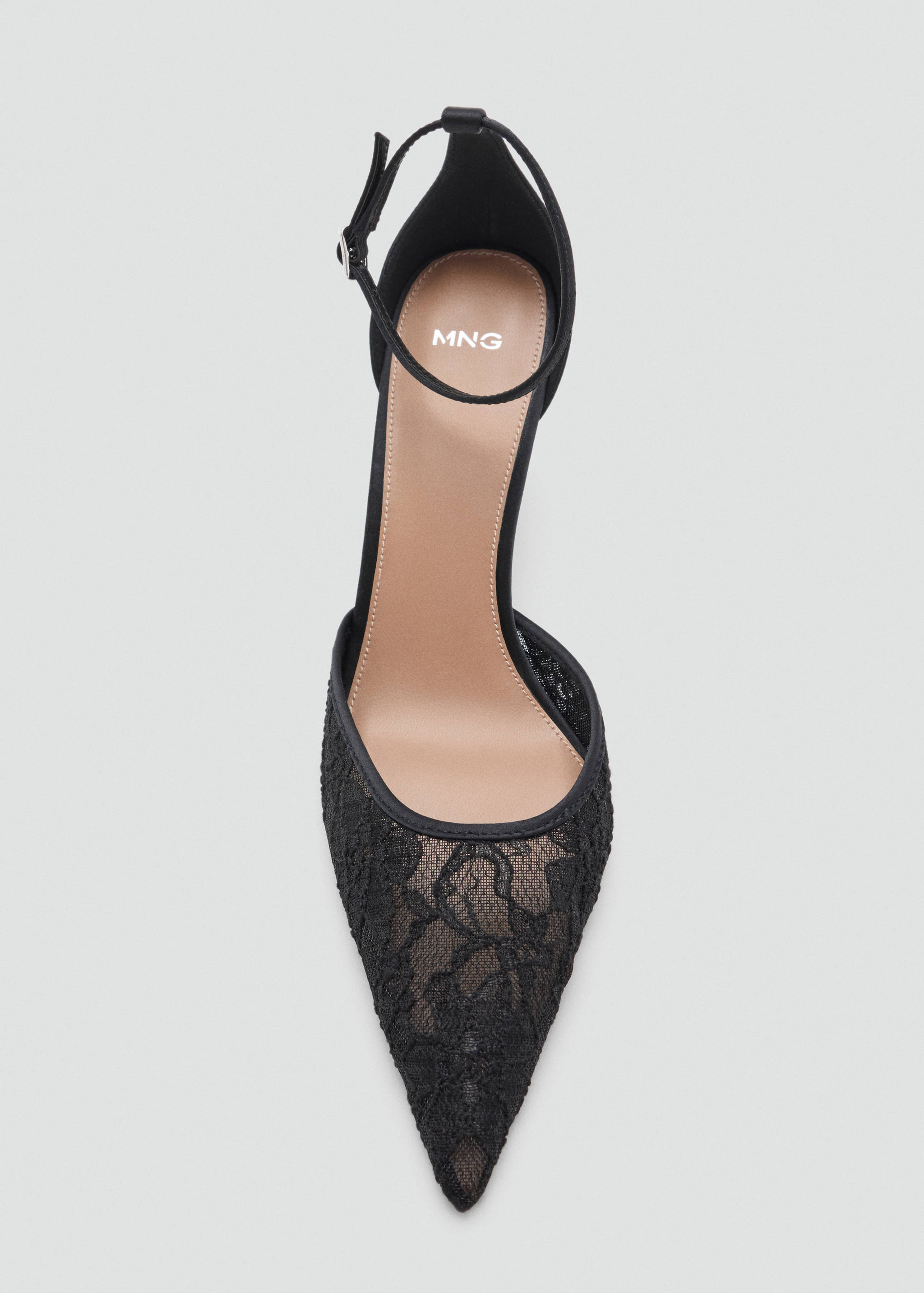 Black lace pointed-toe shoe with an ankle strap and heel.