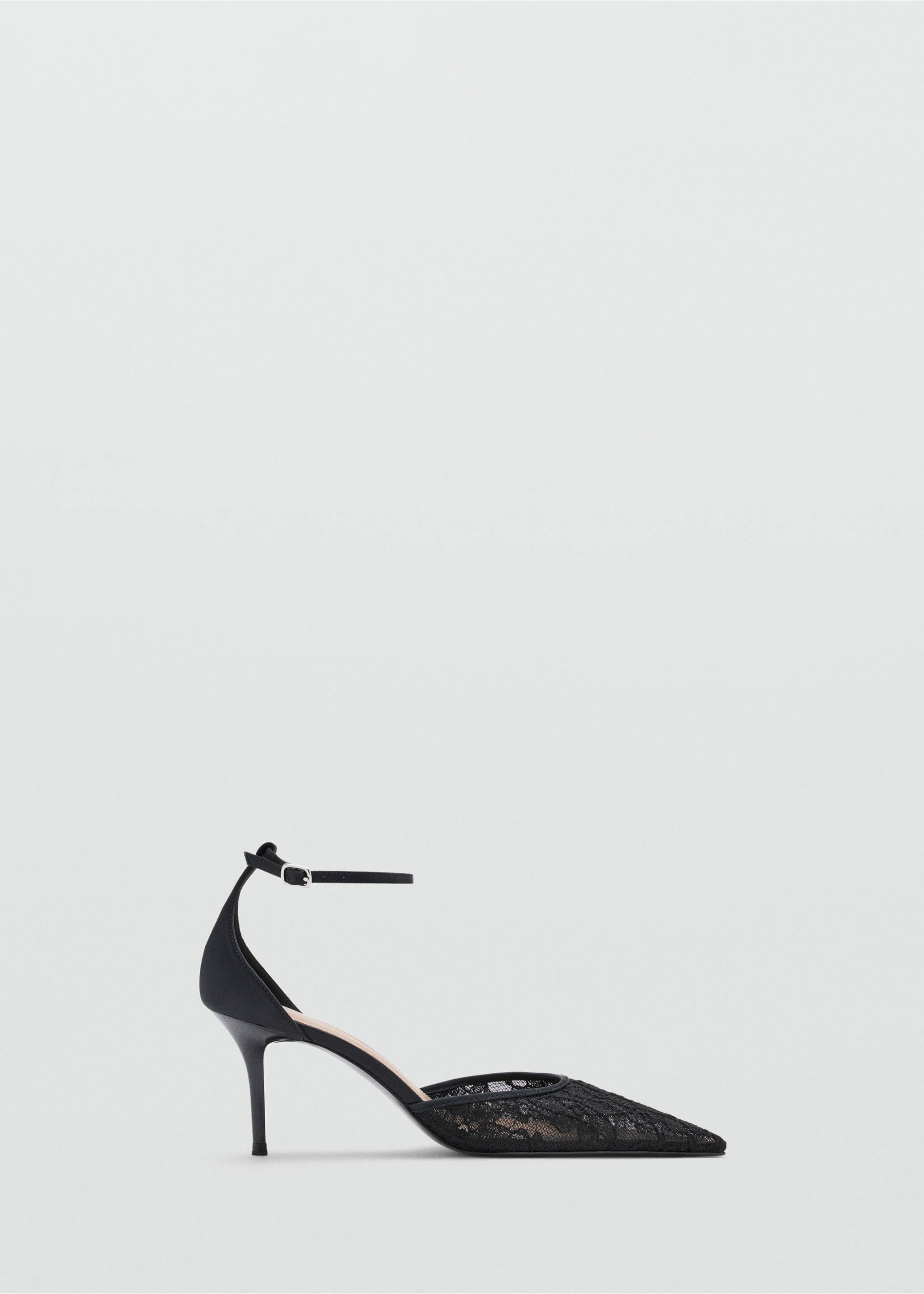 Black pointed-toe heeled shoe in lace with an ankle strap., Black. Ref: 37067788-00.