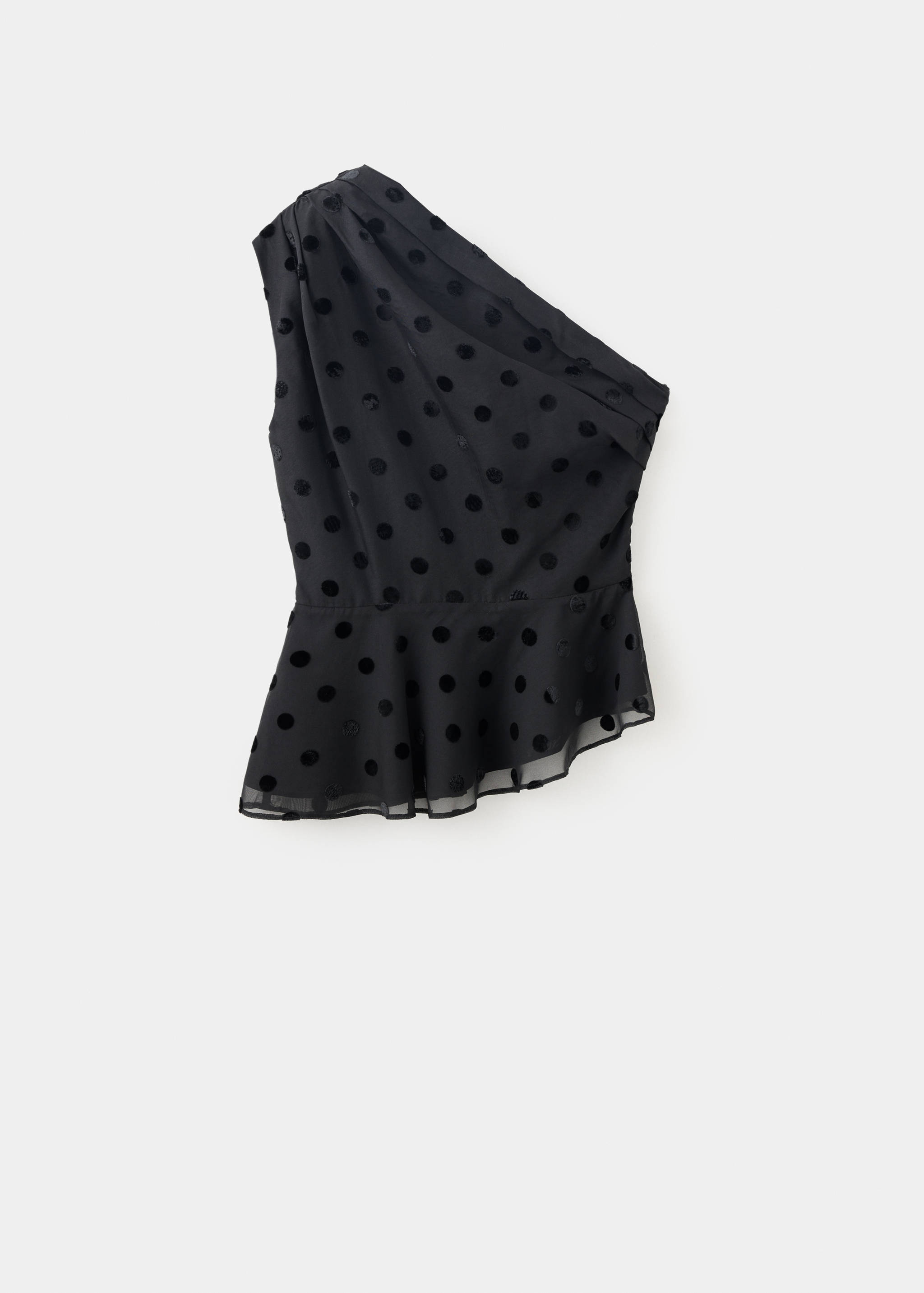 Black one-shoulder flock dot top with a flared peplum hem.
