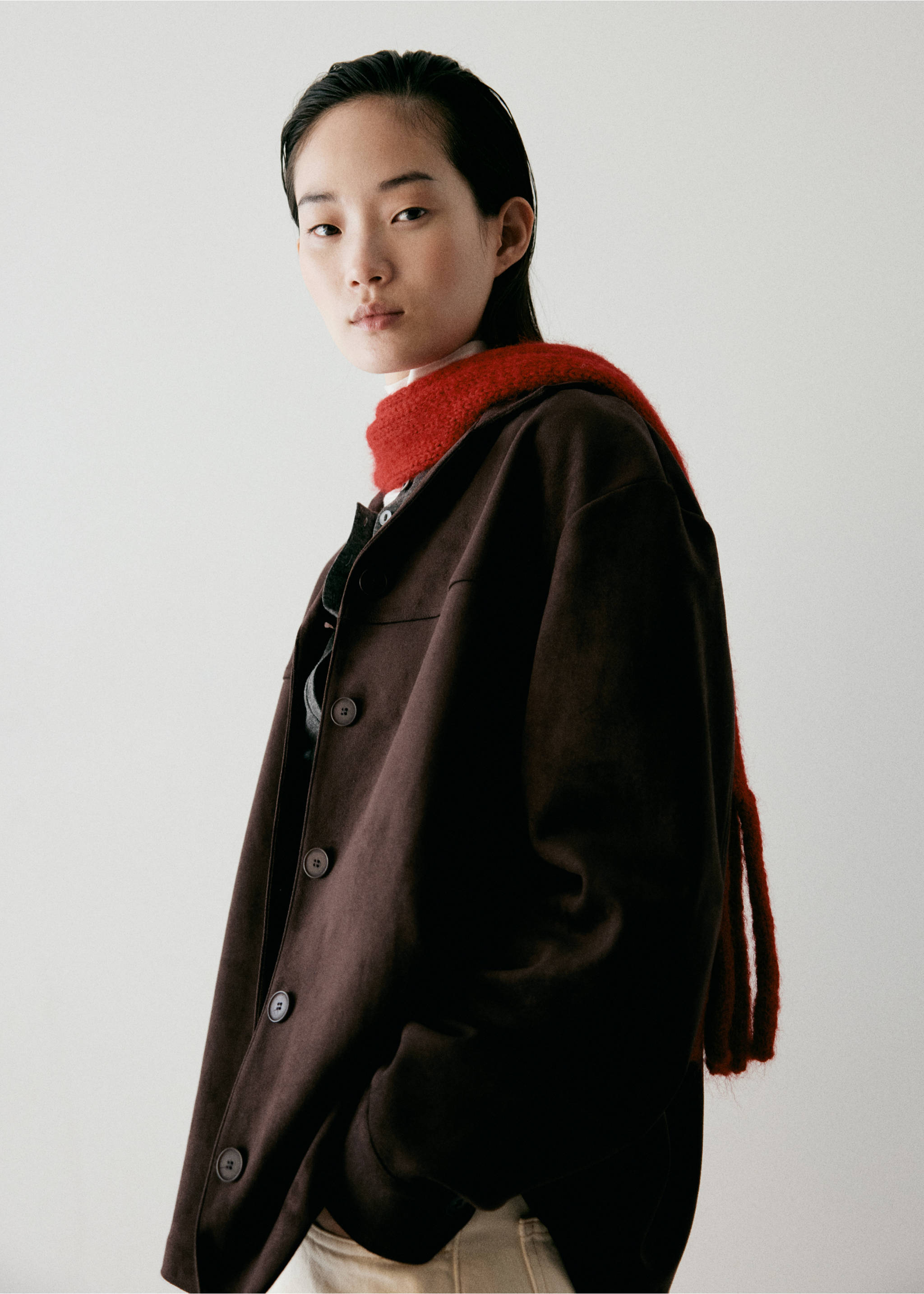 Suede effect overshirt - Details of the article 3, Chocolate. Ref: 37067794-00.