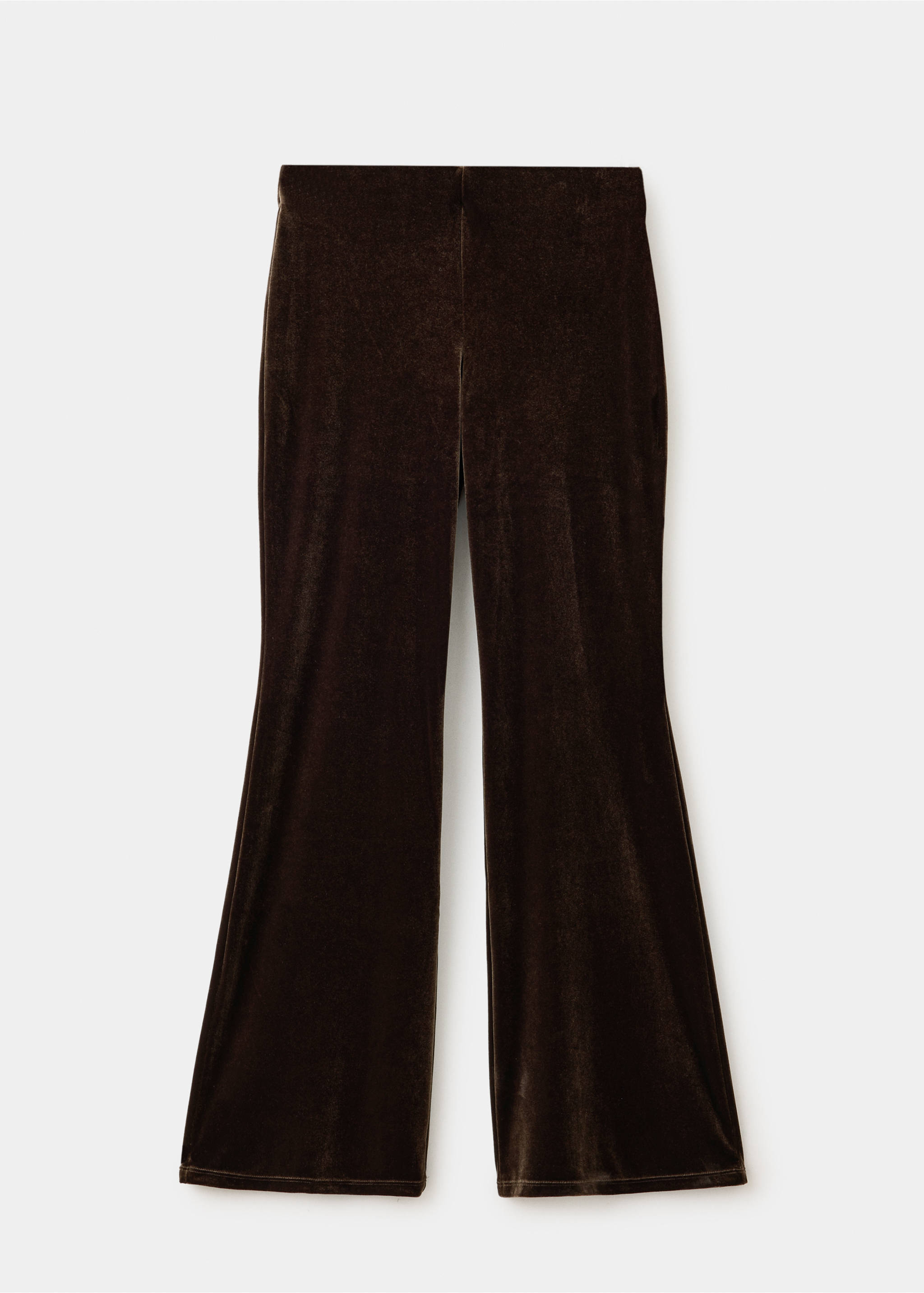 Brown velvet flared trousers shown in a still life., Dark Green. Ref: 37067795-00.