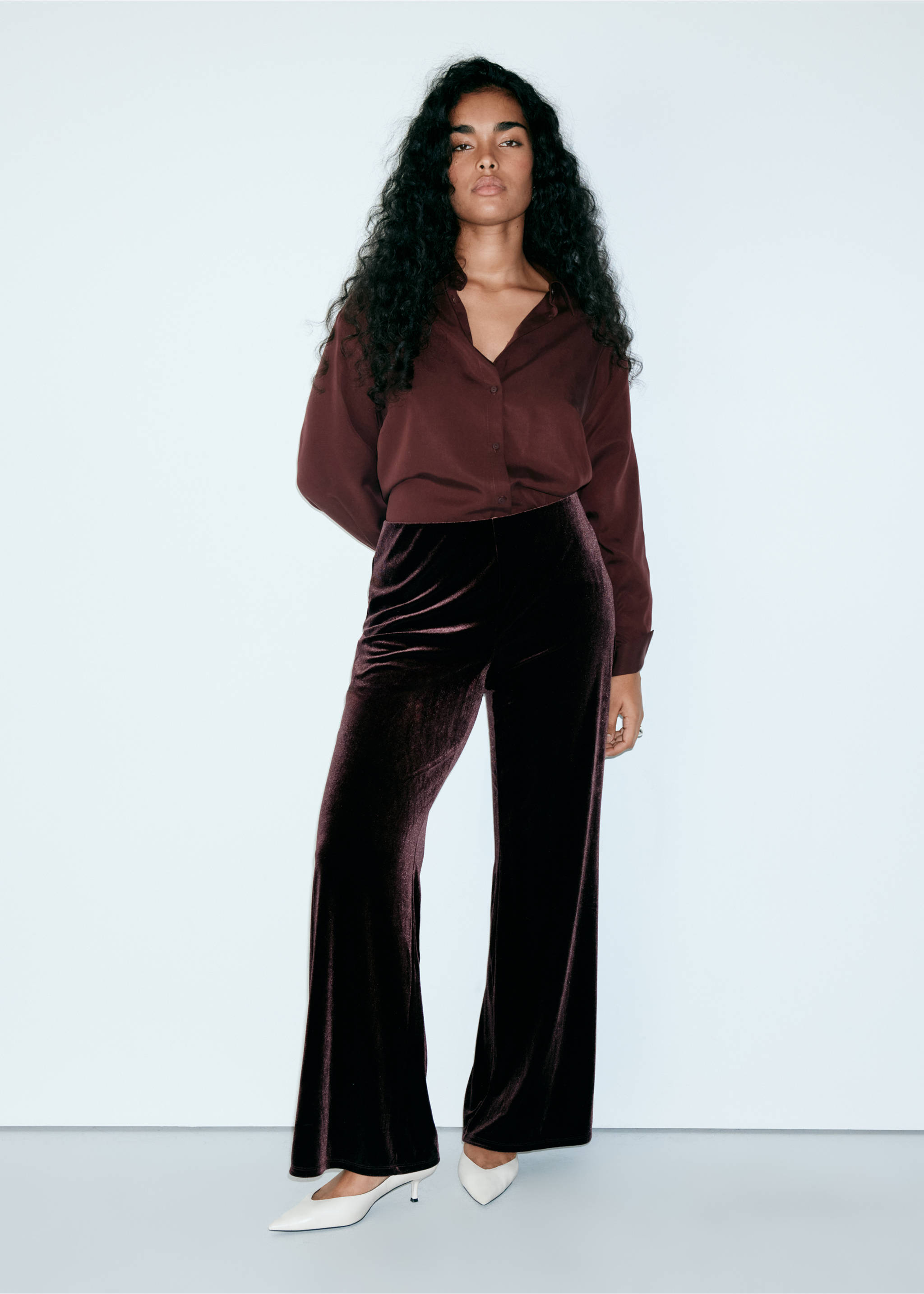 Burgundy velvet wide-leg trousers worn with a matching shirt., Wine. Ref: 37067795-00.