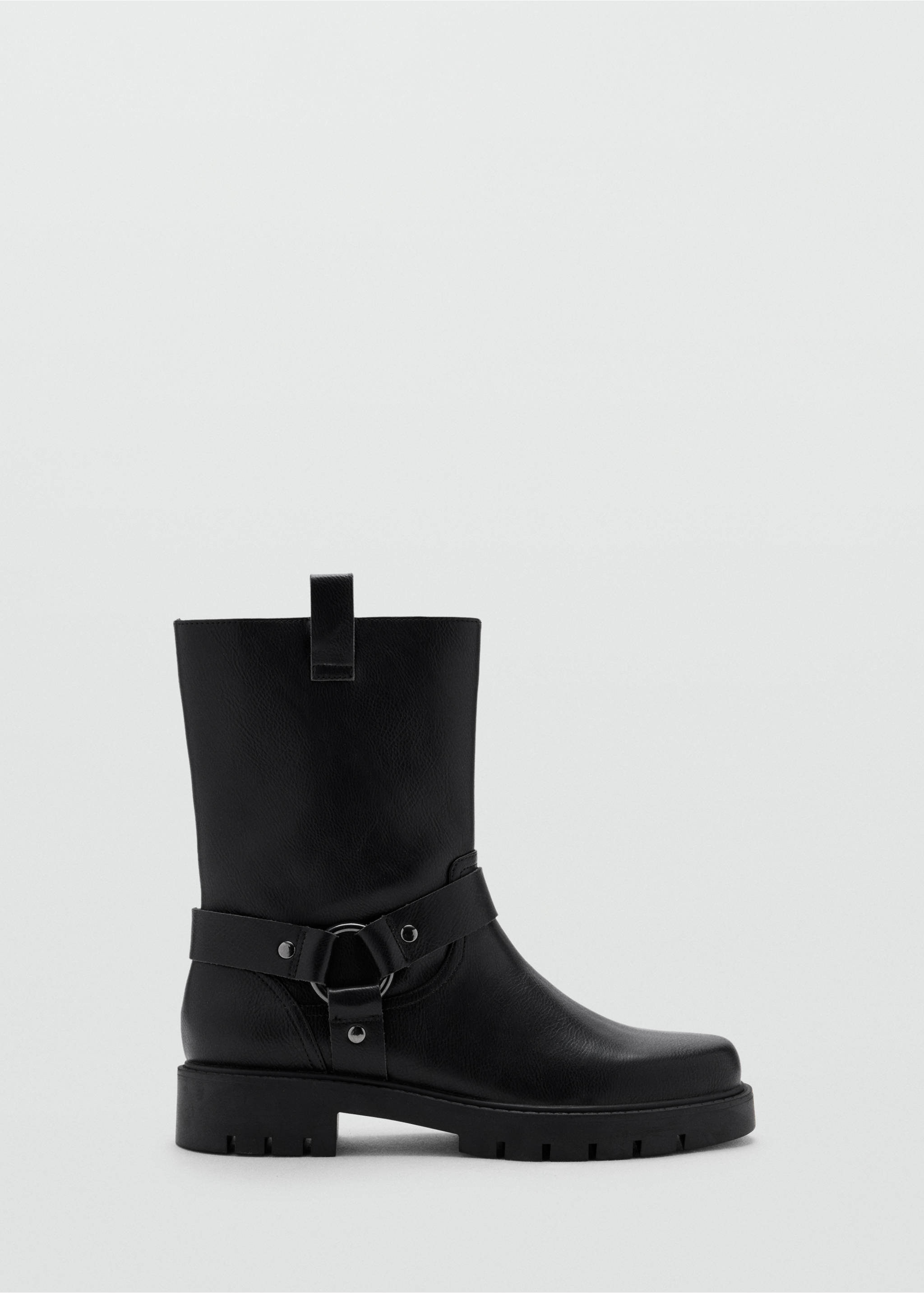 Black leather mid-calf boot with a lug sole and a buckled harness strap., Black. Ref: 37067797-00.