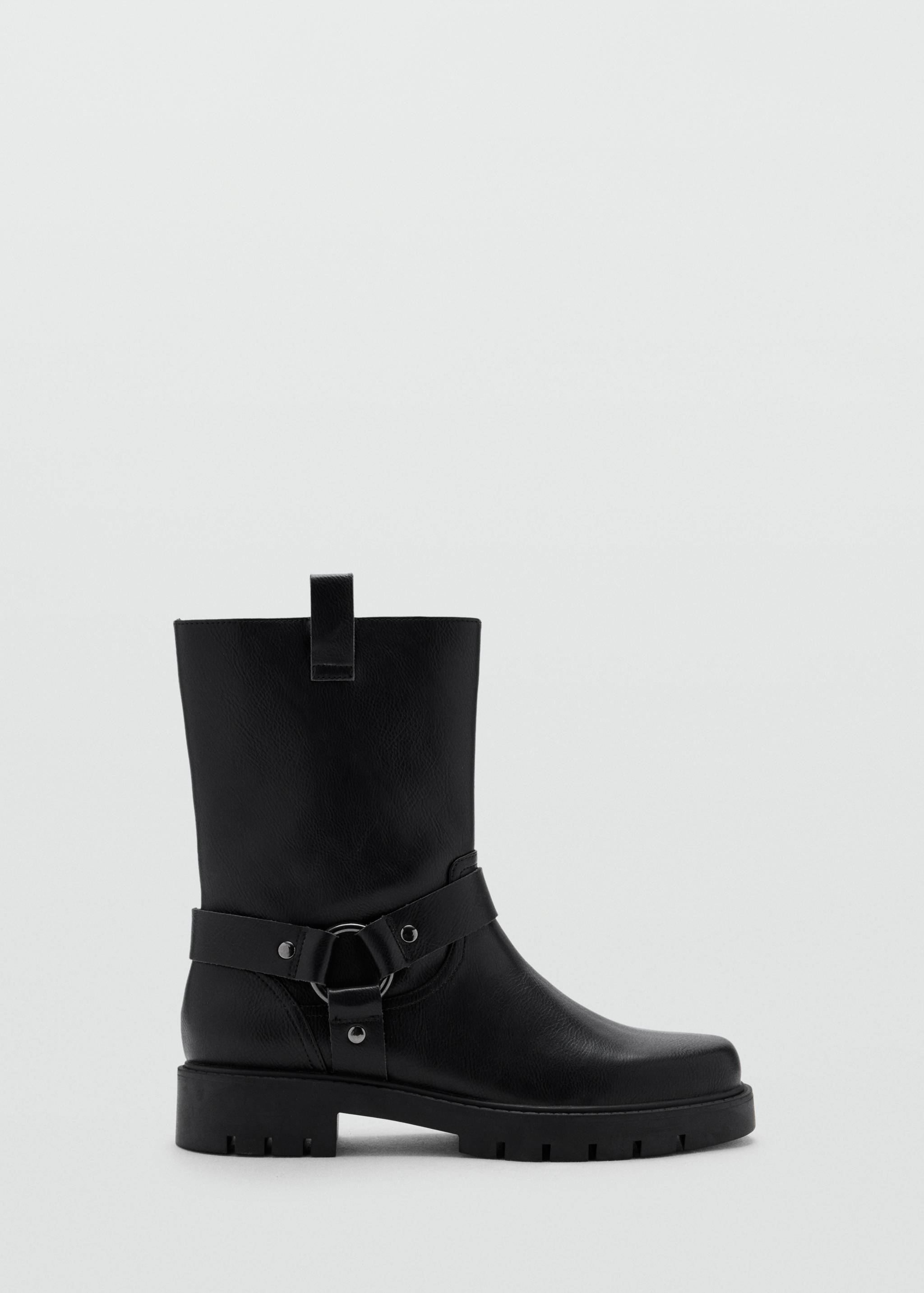 Black leather mid-calf boot with a lug sole and a buckled harness strap.