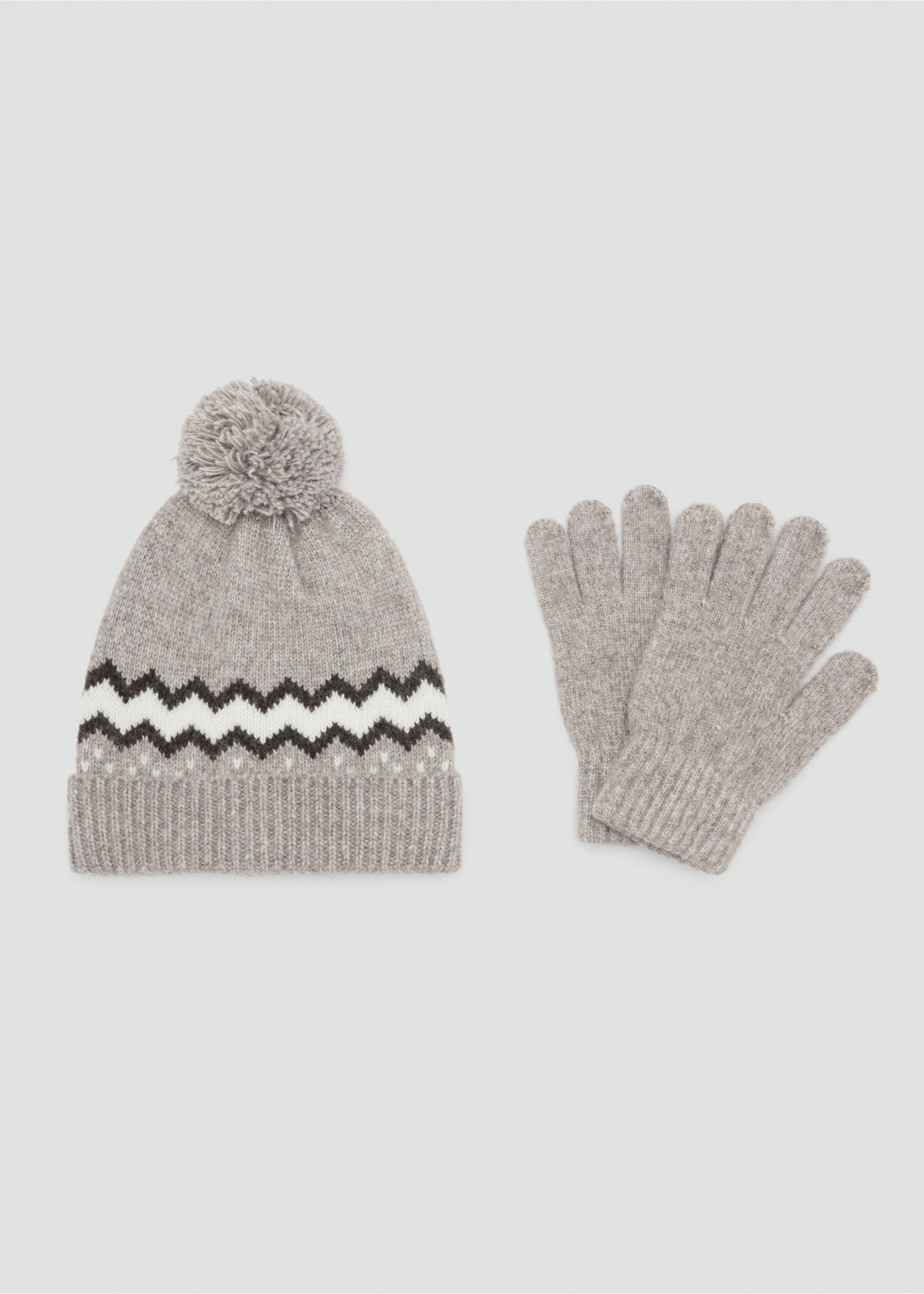 Grey knit hat with a pom-pom and patterned band, shown with matching gloves., Beige. Ref: 37067799-00.