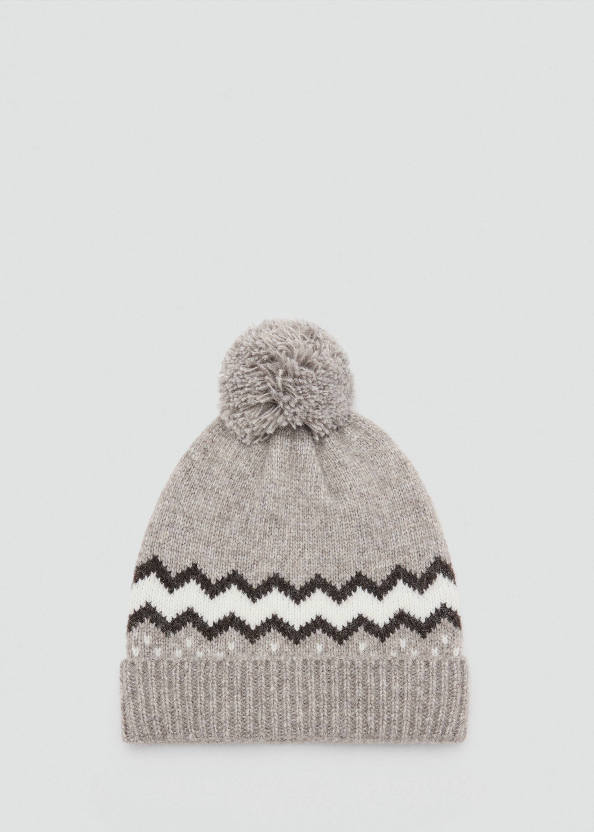 Grey knit beanie with pom-pom, ribbed brim and fair isle zigzag pattern., Beige. Ref: 37067799-00.