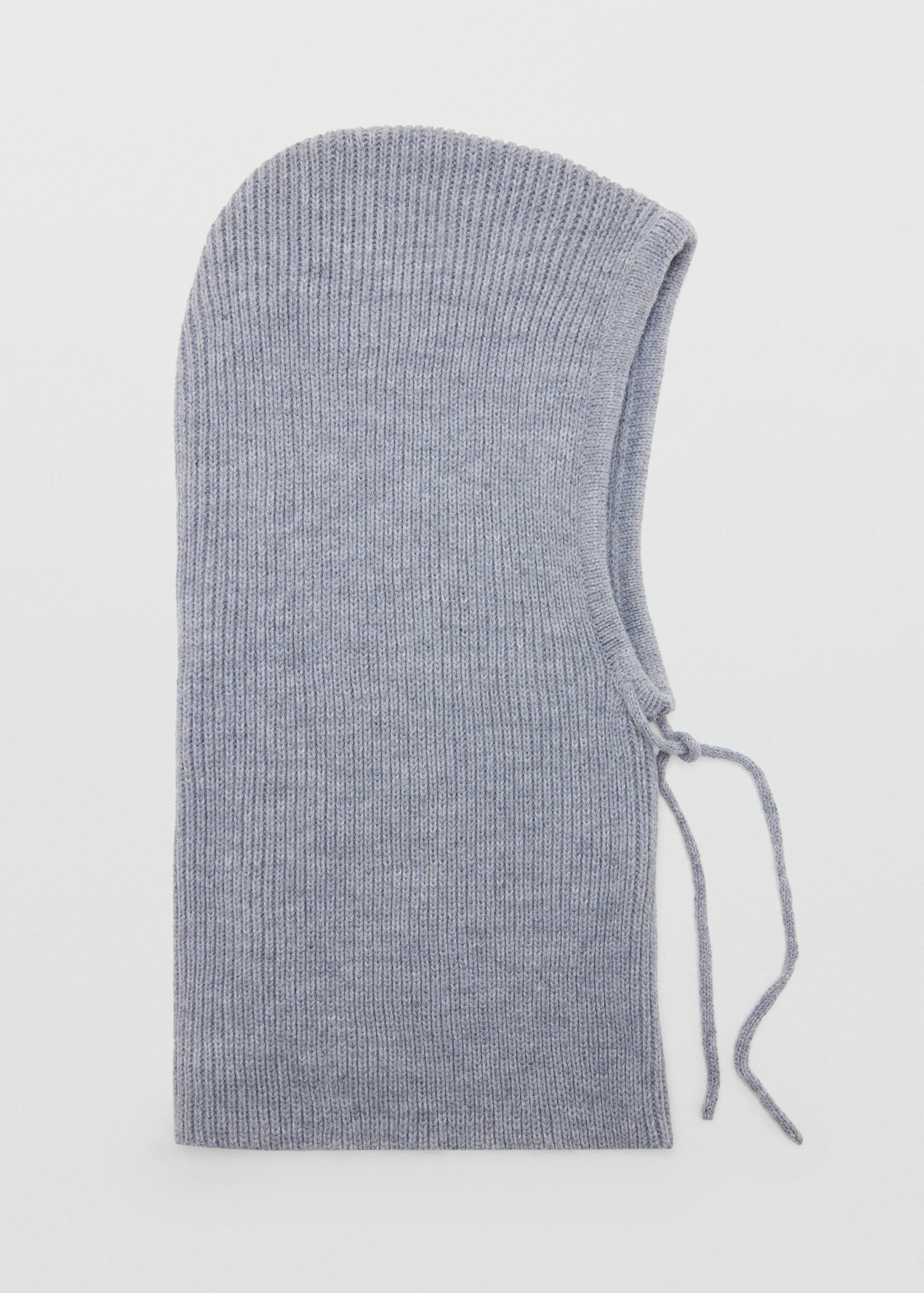 Light blue ribbed knit balaclava with matching drawstrings.