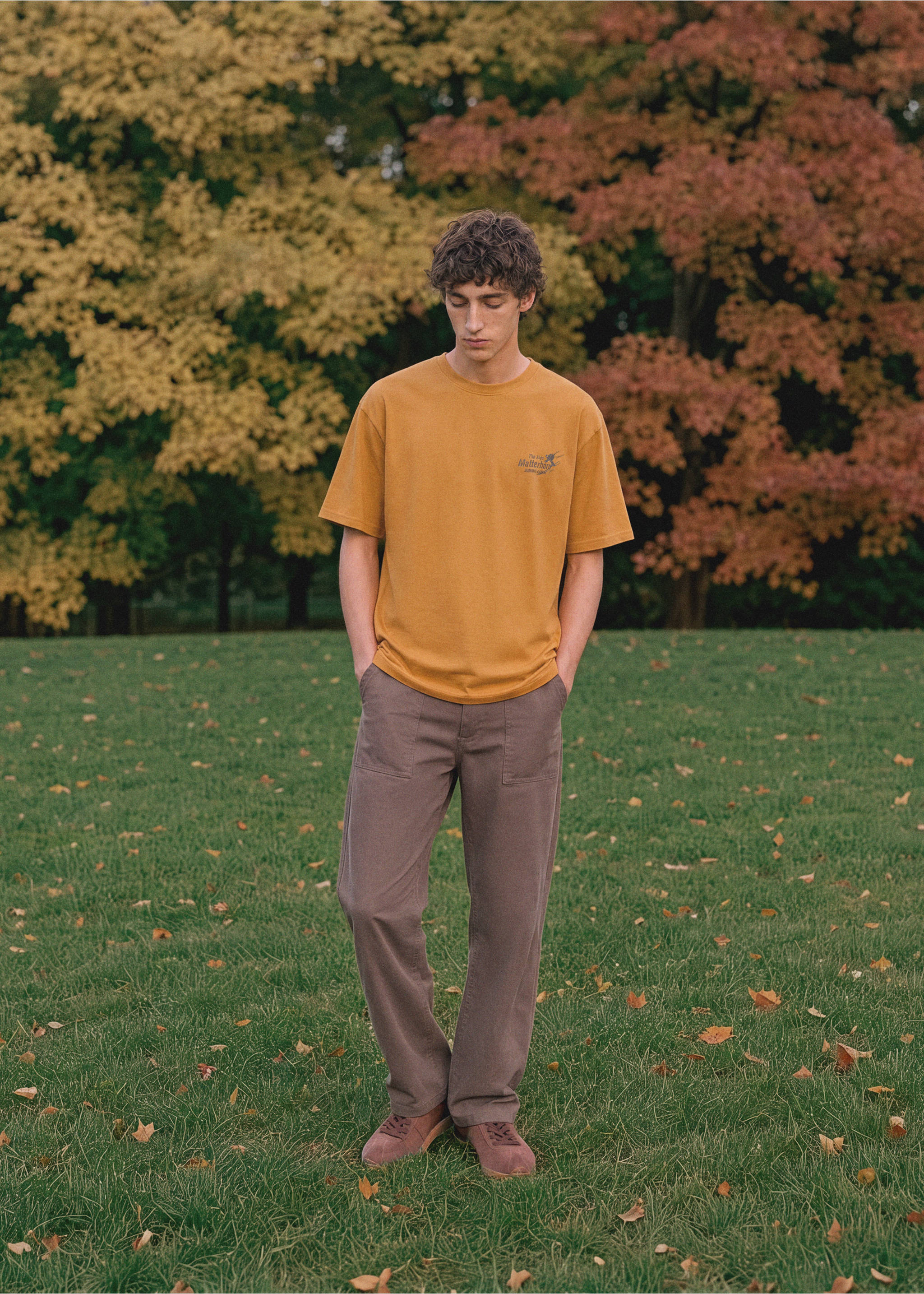 Mustard-yellow crew neck t-shirt with short sleeves worn with brown trousers on grass., Mustard. Ref: 37067804-00.