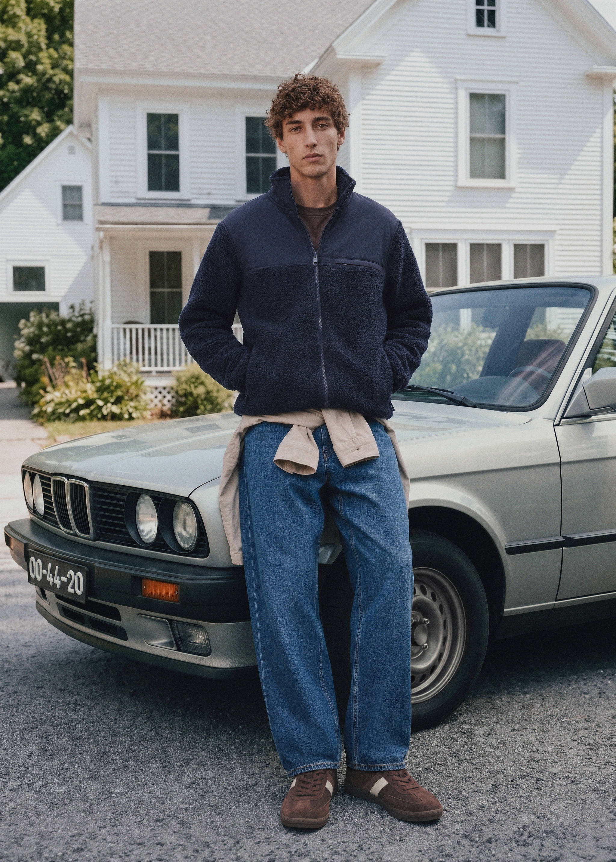 Navy blue zip-up jacket in textured fleece fabric with a high collar and smooth chest panel.