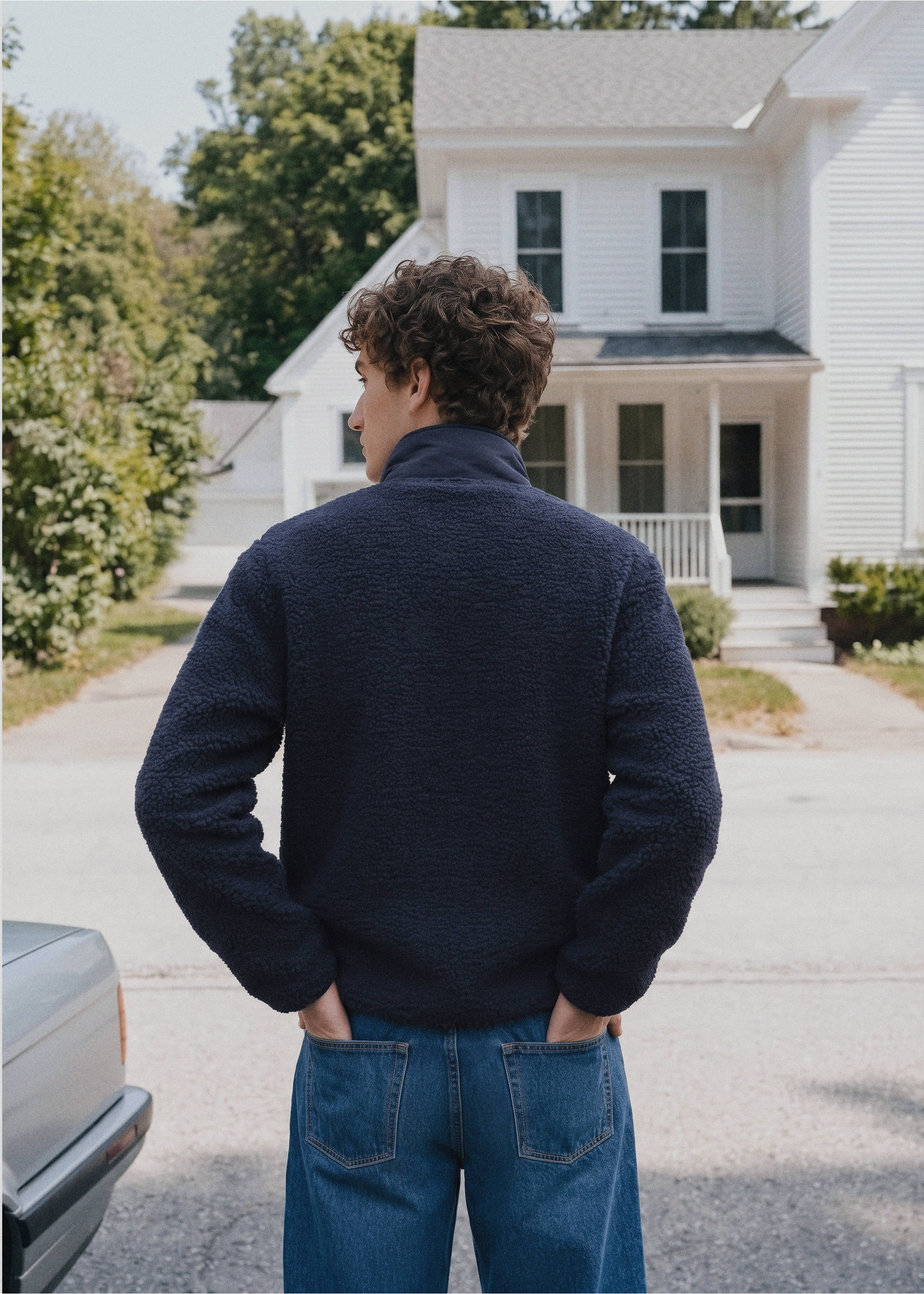 Navy blue faux-shearling jacket, back view., Navy. Ref: 37067805-00.