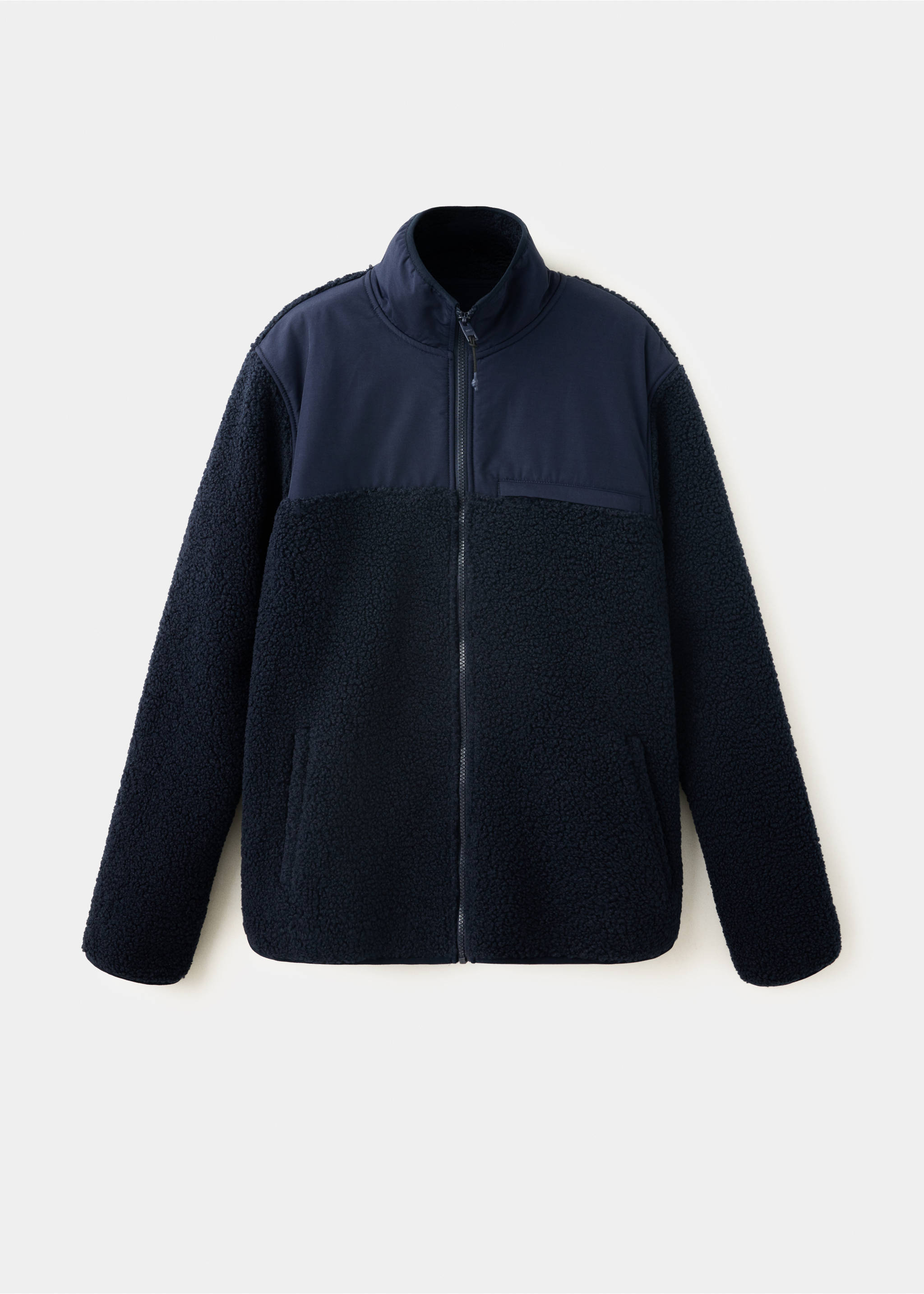 Dark navy blue fleece jacket featuring a funnel neck and smooth upper chest panels., Navy. Ref: 37067805-00.