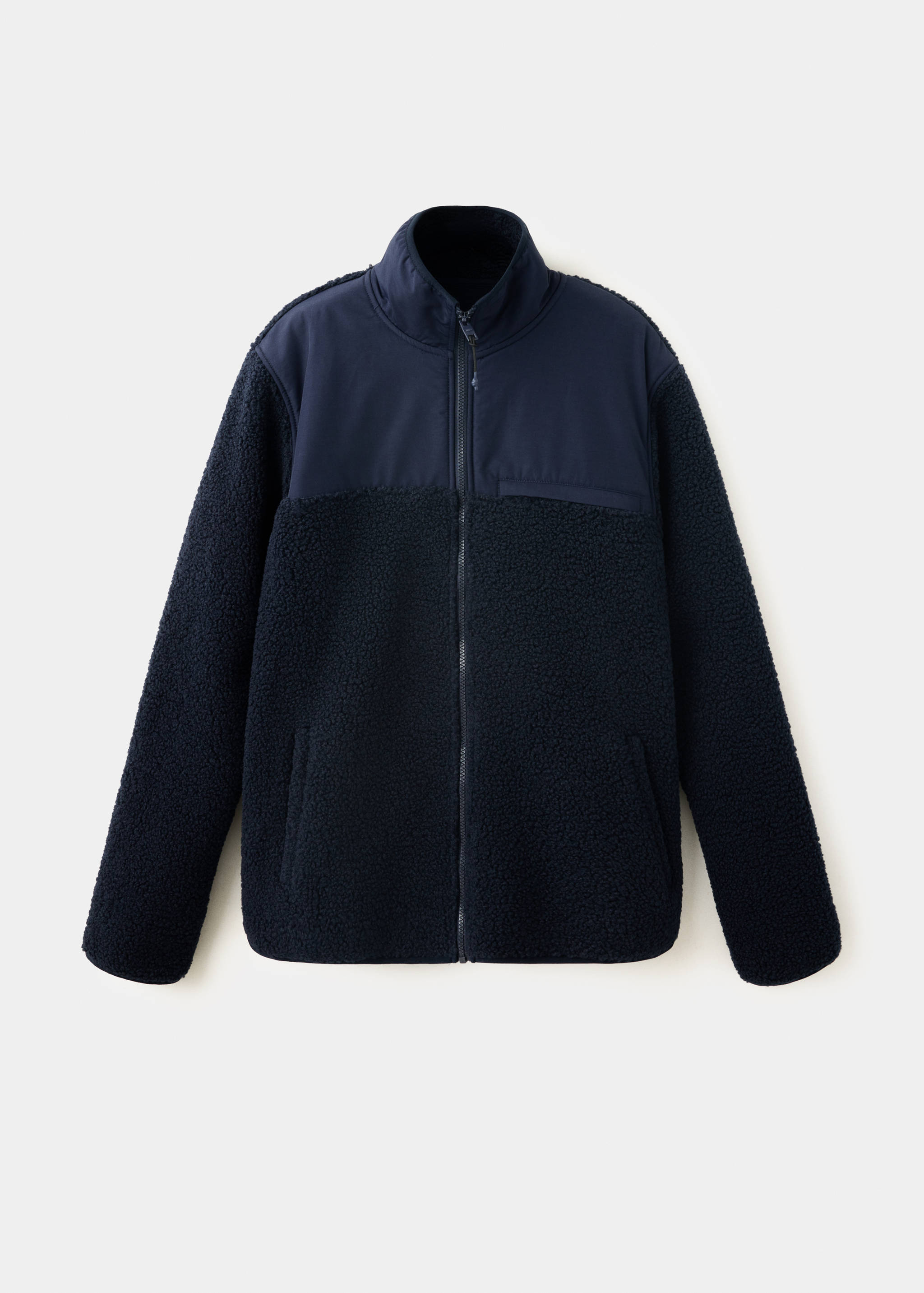 Dark navy blue fleece jacket featuring a funnel neck and smooth upper chest panels.