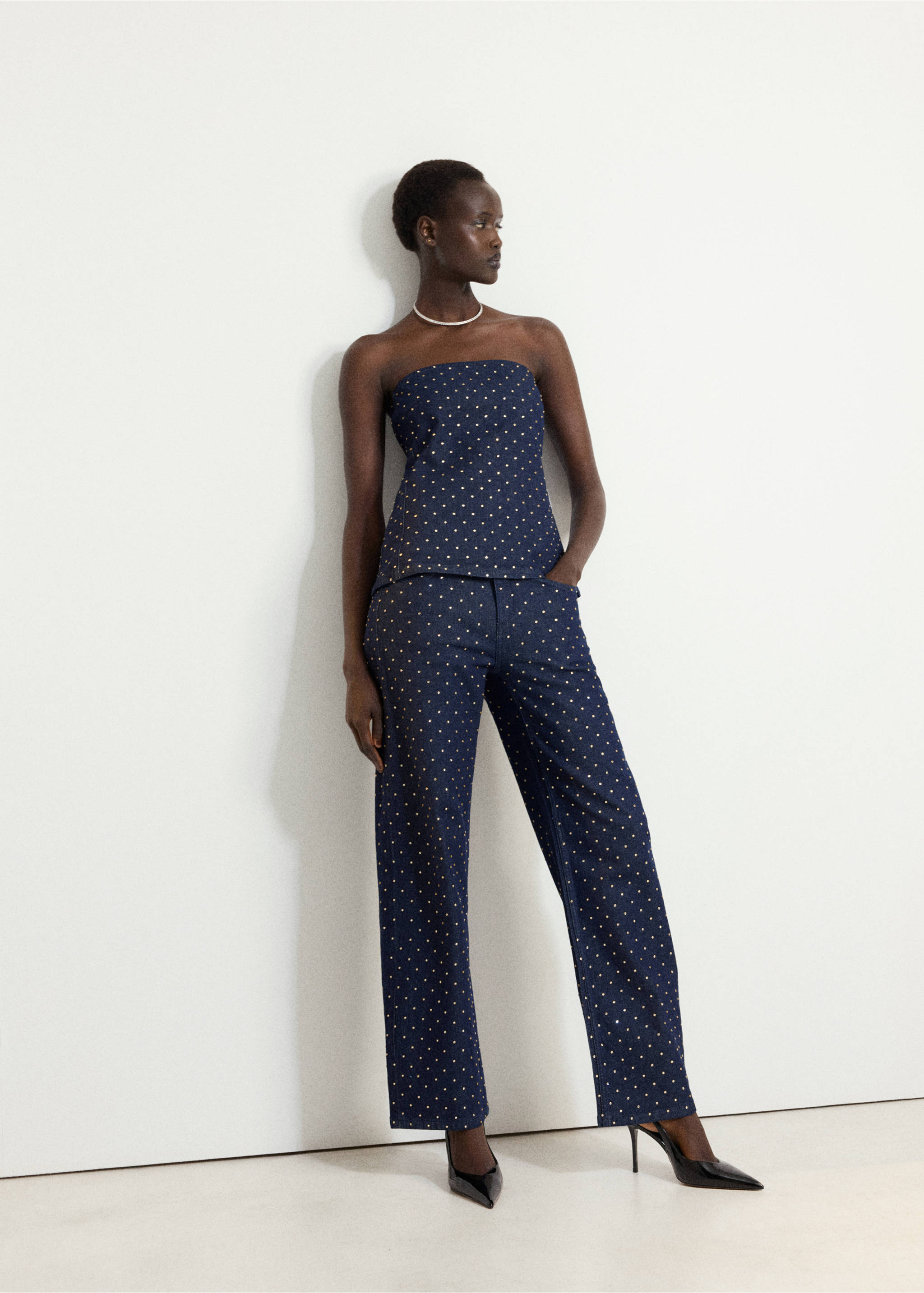 Studded denim bandeau top and matching trousers in dark blue., Open Blue. Ref: 37067808-00.