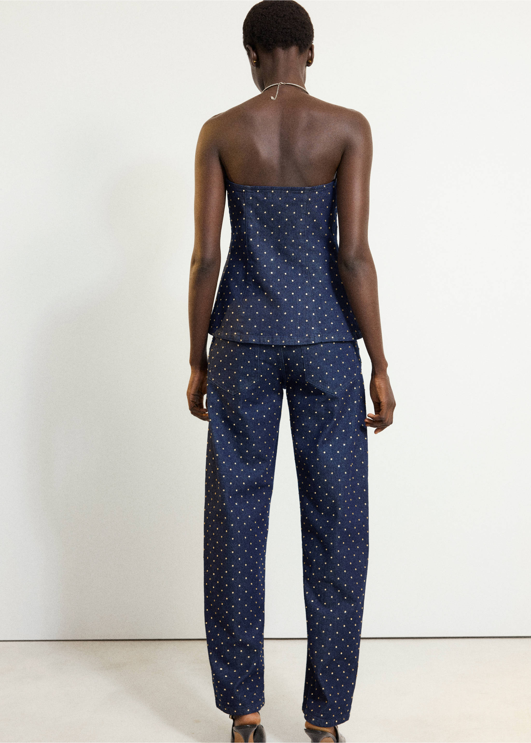 Back view of a polka-dot denim strapless top and trousers set., Open Blue. Ref: 37067808-00.