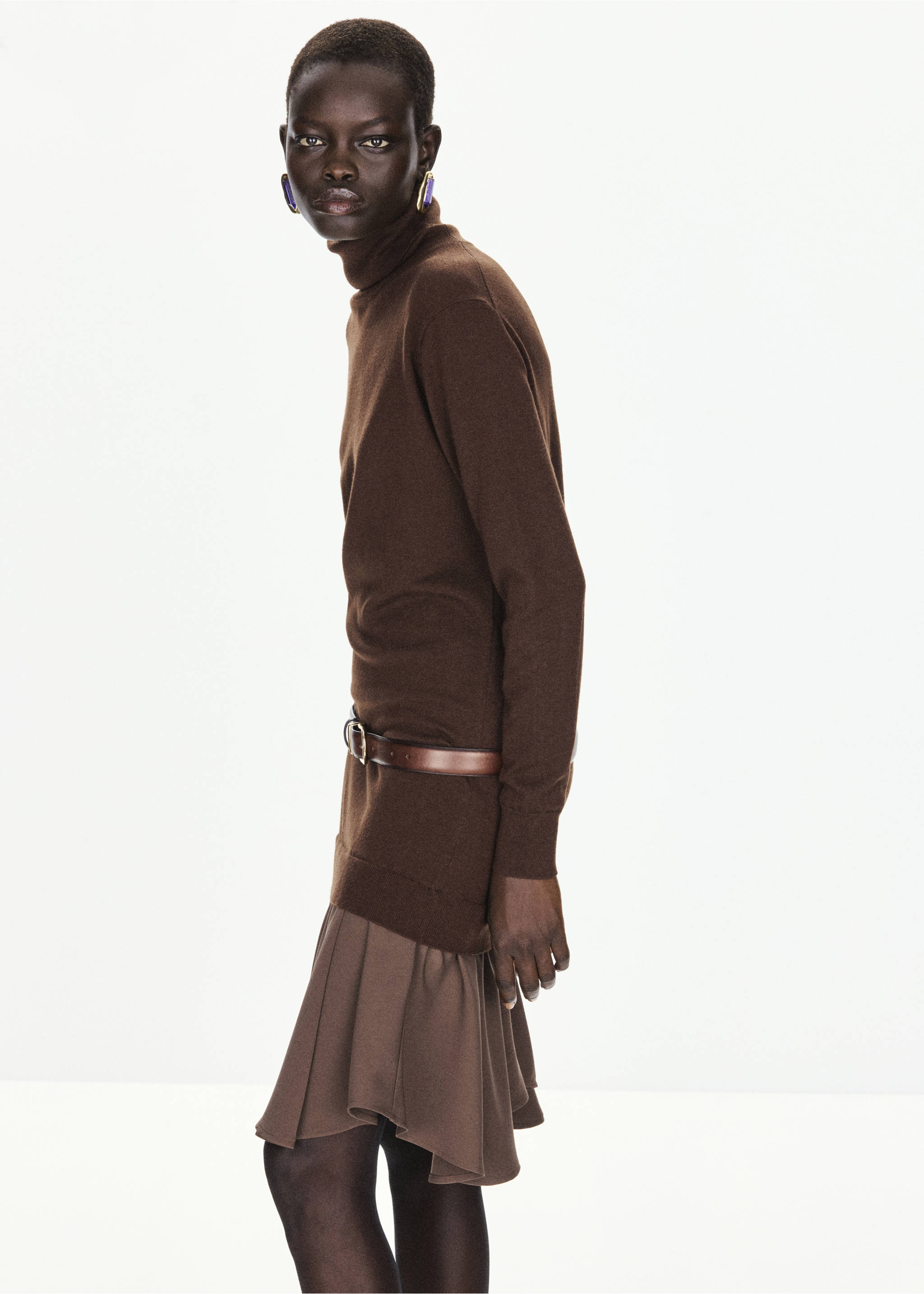 Brown roll-neck dress with long sleeves, belted waist, and flared skirt panel., Chocolate. Ref: 37067809-00.