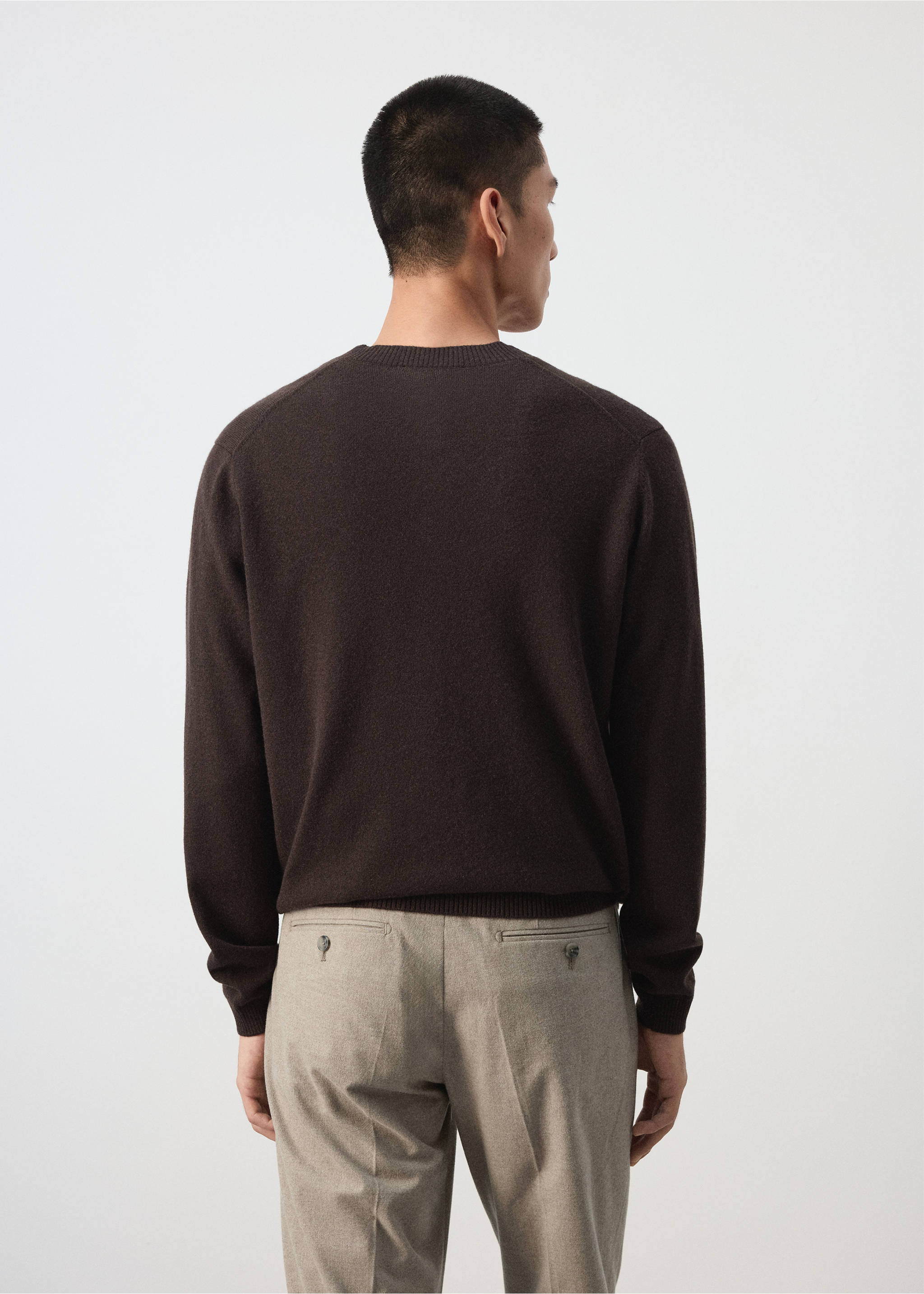 Dark brown knitted cardigan with a crew neck, shown from the back., Chocolate. Ref: 37067886-00.