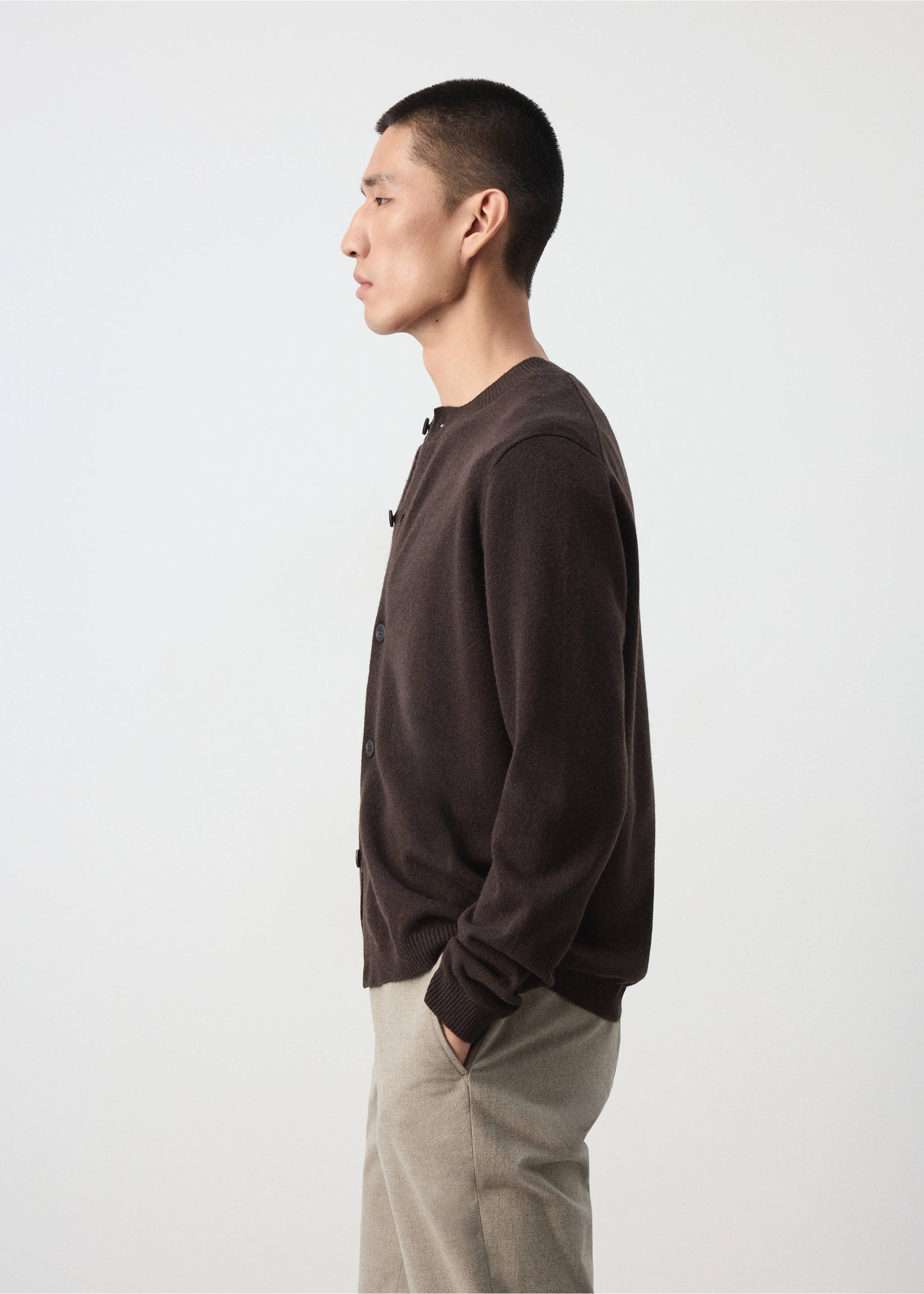 Dark brown button-up cardigan with a round neckline and ribbed trims., Chocolate. Ref: 37067886-00.