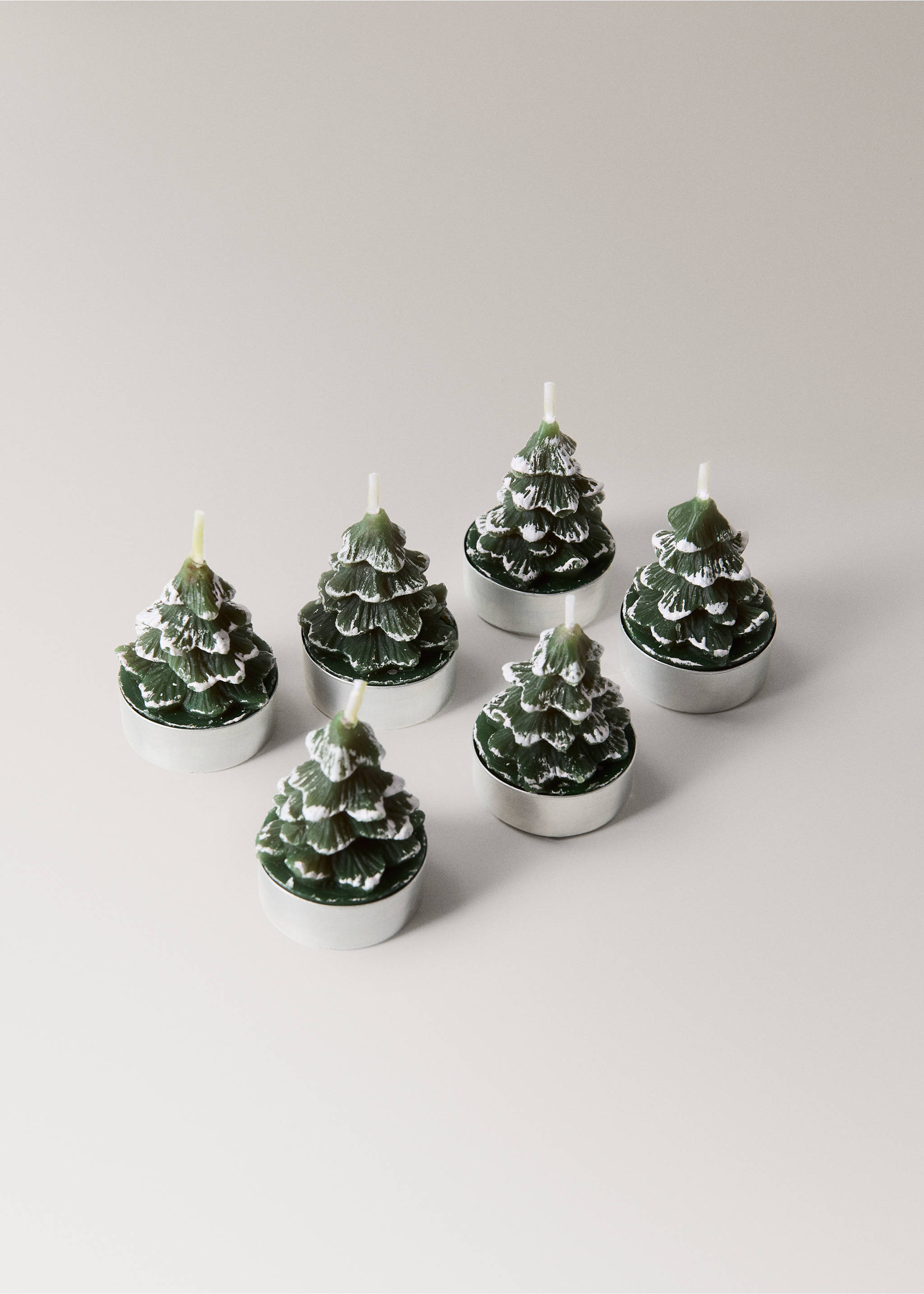 Set of six green Christmas tree-shaped tea light candles with snow-effect white tips., Green. Ref: 37067890-00.