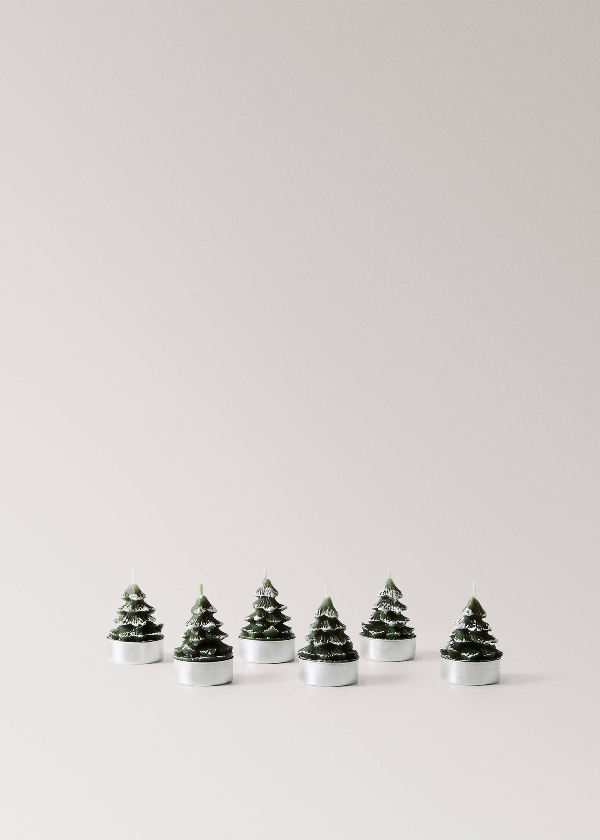 Set of six green tree-shaped candles in silver holders with snow detail., Green. Ref: 37067890-00.