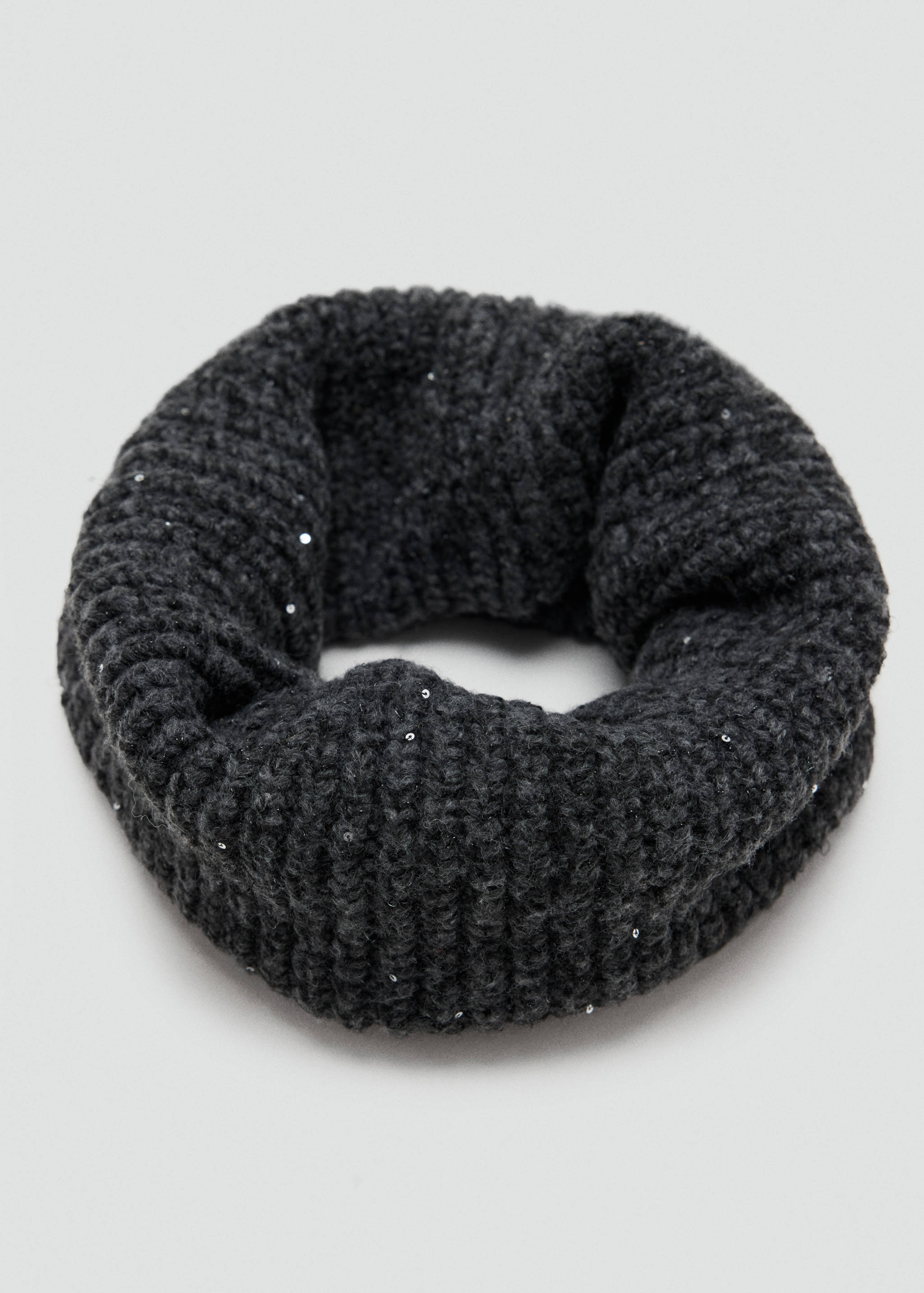 Dark grey knitted snood scarf with subtle sparkling sequins.