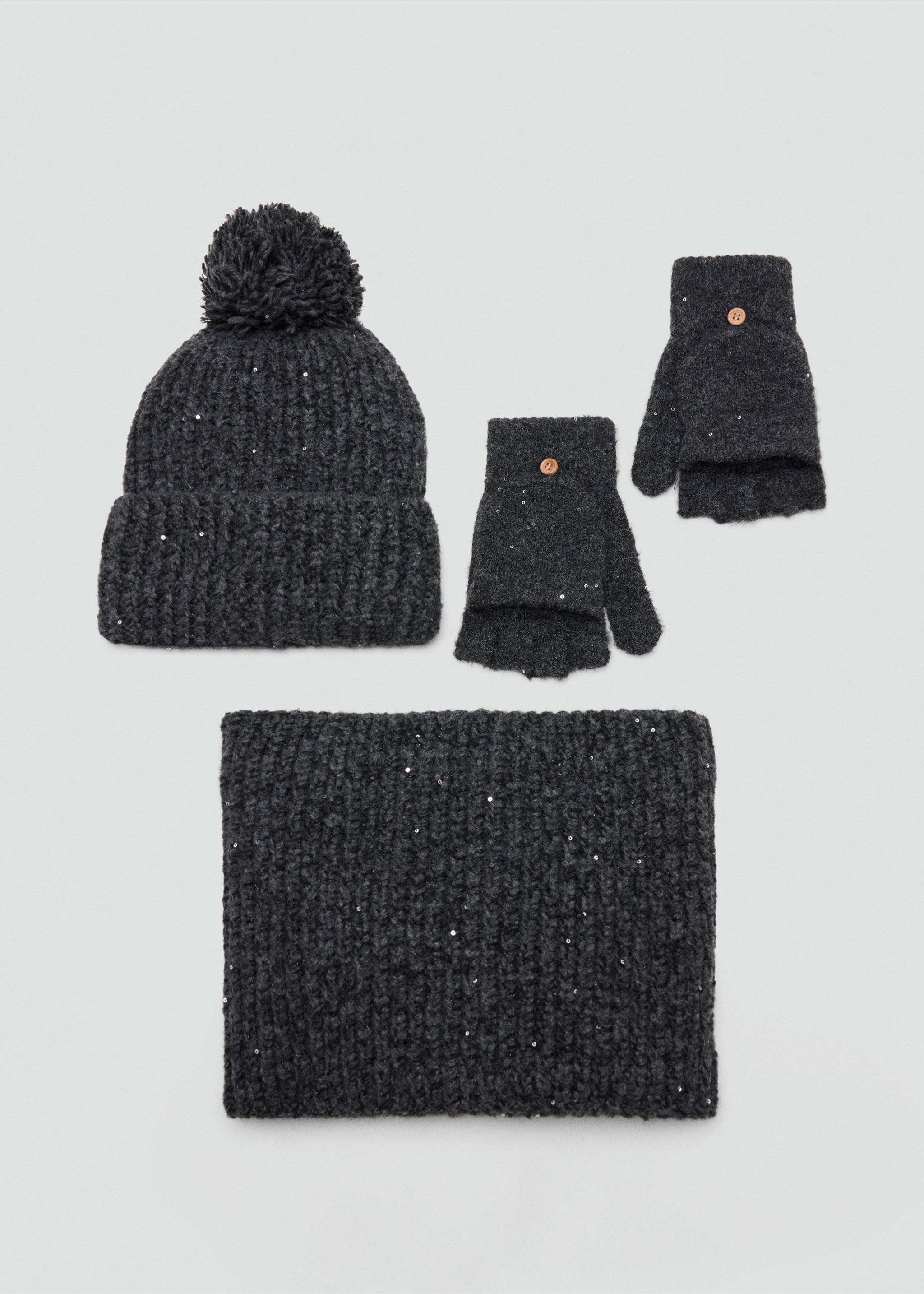 Dark grey chunky knit kids' scarf with subtle sequins, shown with a matching pom-pom beanie and convertible mittens., Charcoal. Ref: 37067895-00.