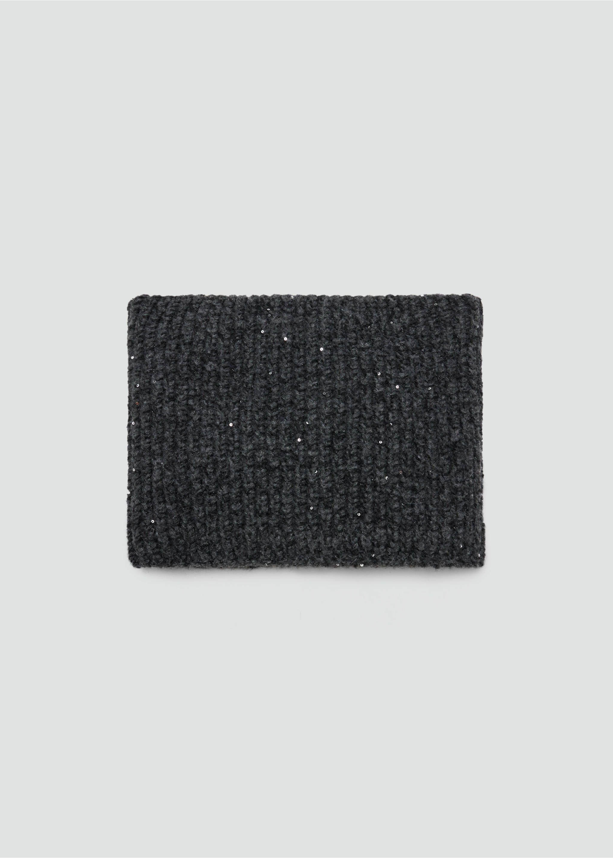 Dark grey knit scarf with subtle sparkling sequins in a still-life view., Charcoal. Ref: 37067895-00.