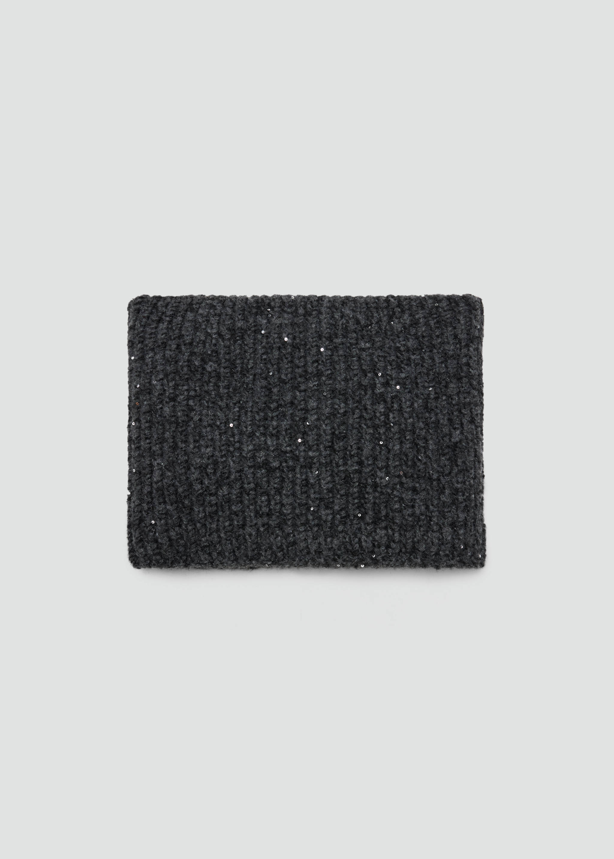 Dark grey knit scarf with subtle sparkling sequins in a still-life view.