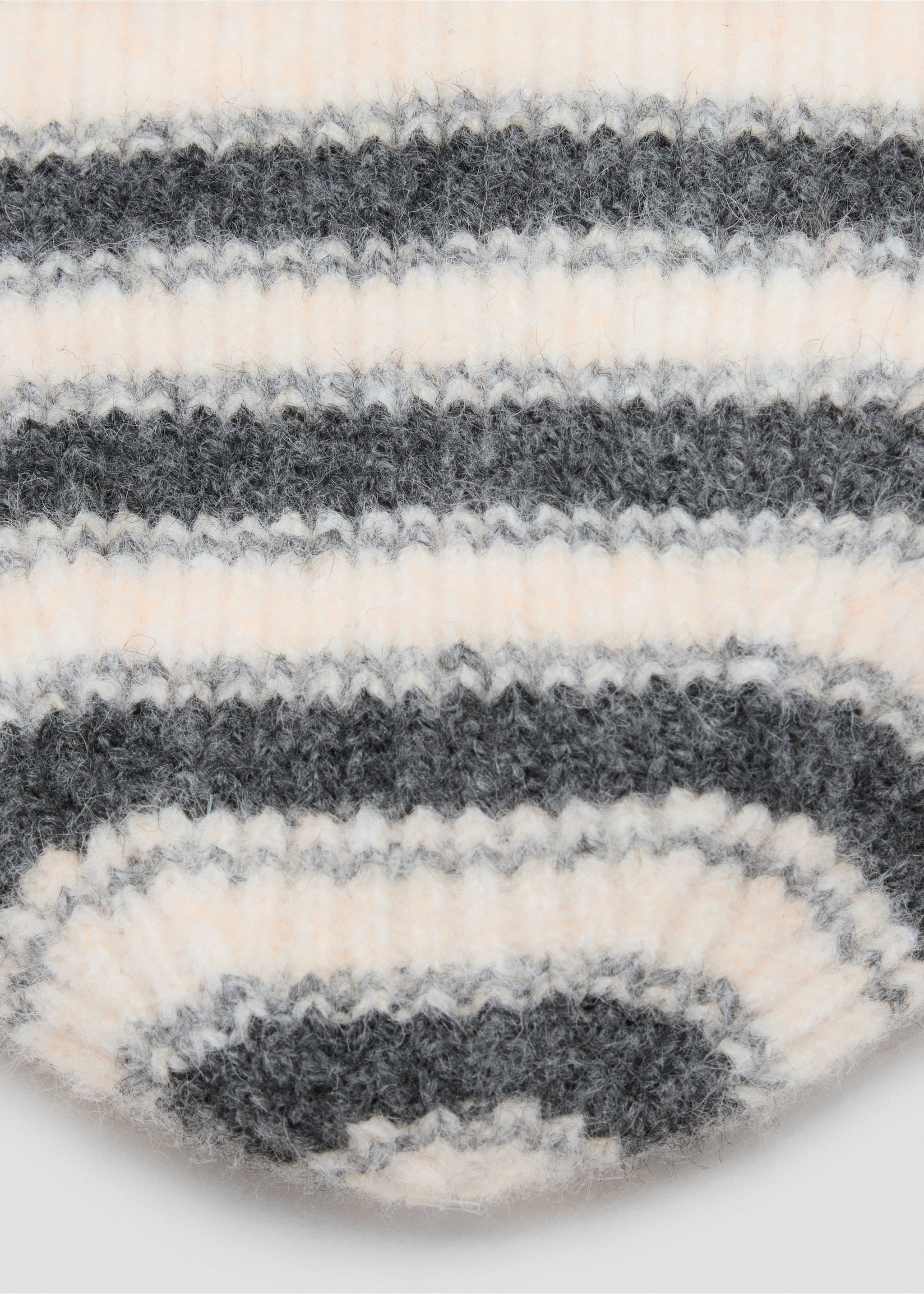 Close-up of a fuzzy, striped knit hat in grey, white, and pale peach., Sand. Ref: 37067896-00.