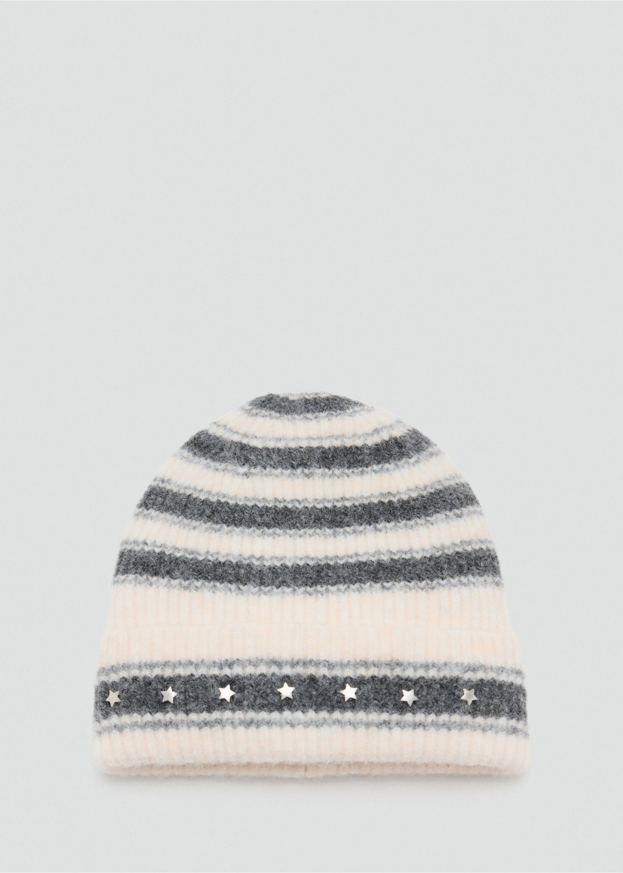 Grey and white striped ribbed beanie hat with silver star studs on the brim., Sand. Ref: 37067896-00.
