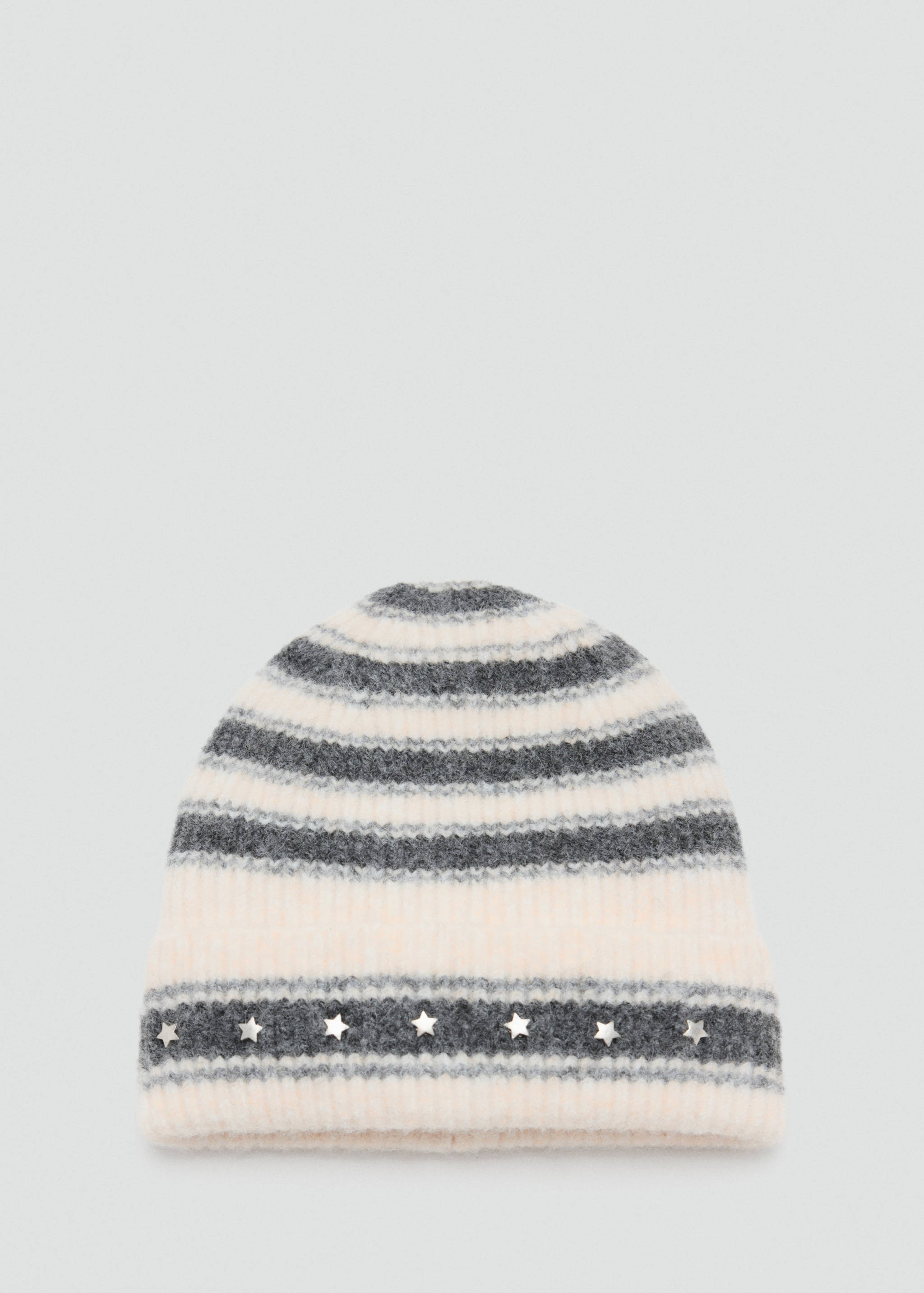 Grey and white striped ribbed beanie hat with silver star studs on the brim.