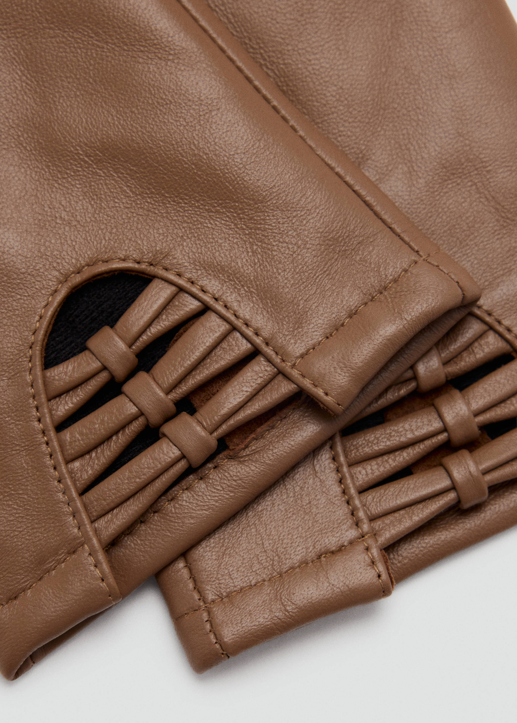 Brown leather gloves with woven cut-out cuff details