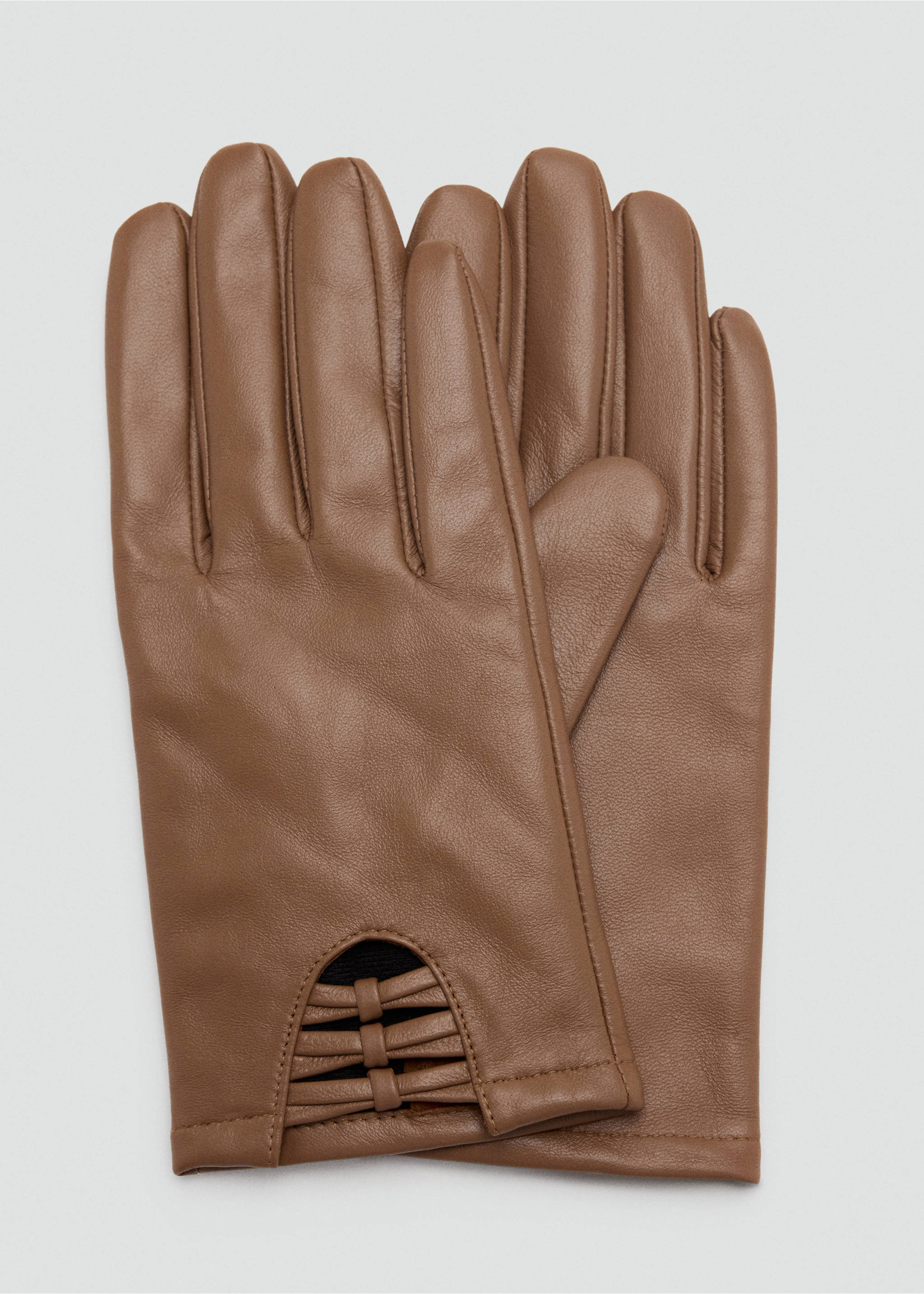 Brown leather gloves featuring a cutout wrist detail with horizontal straps., Medium Brown. Ref: 37067905-00.