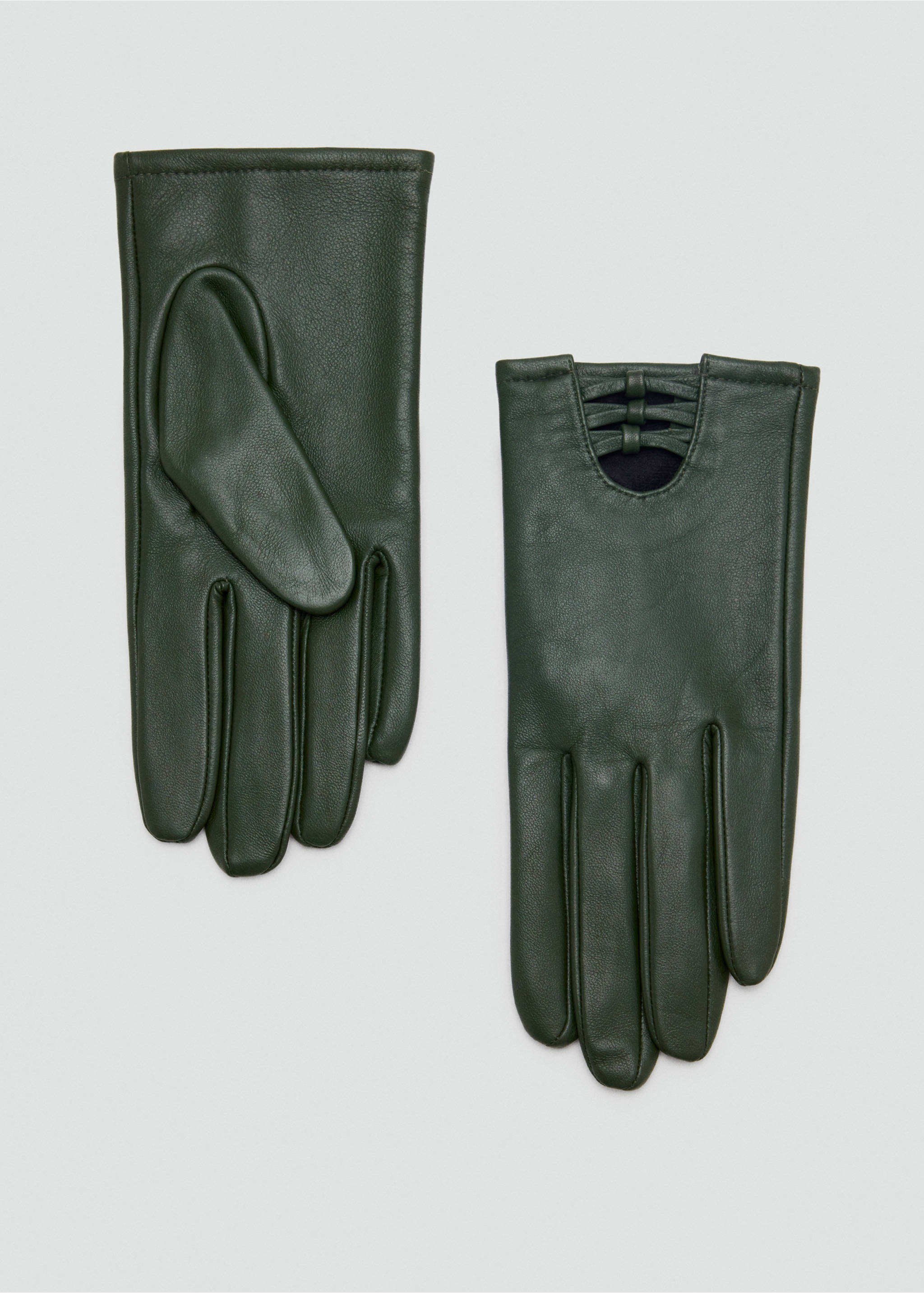 Dark green leather gloves with a cutout and woven strap detail at the wrist., Green. Ref: 37067905-00.