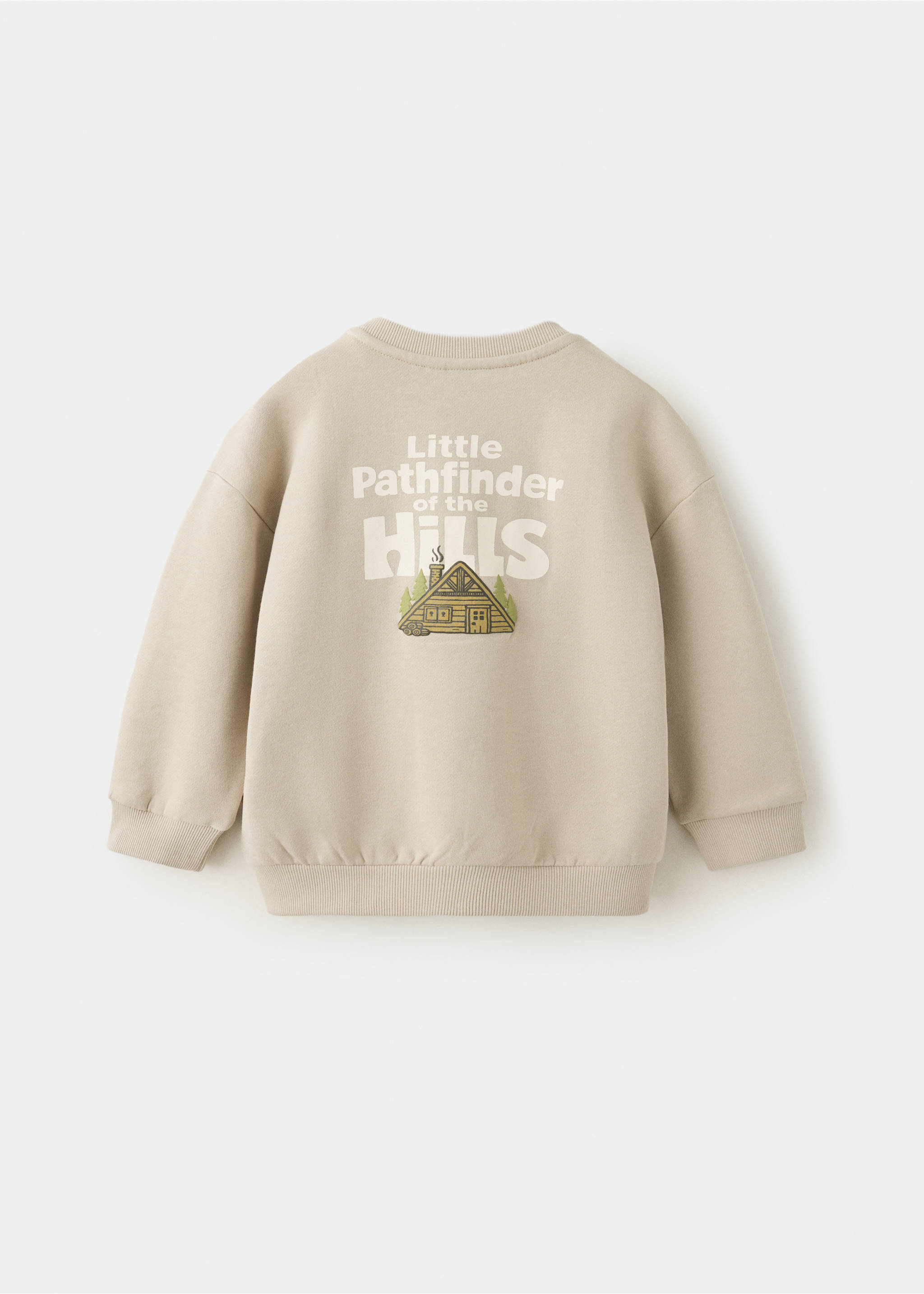 Beige kids' sweatshirt shown from the back with a graphic cabin print., Sand. Ref: 37067907-00.