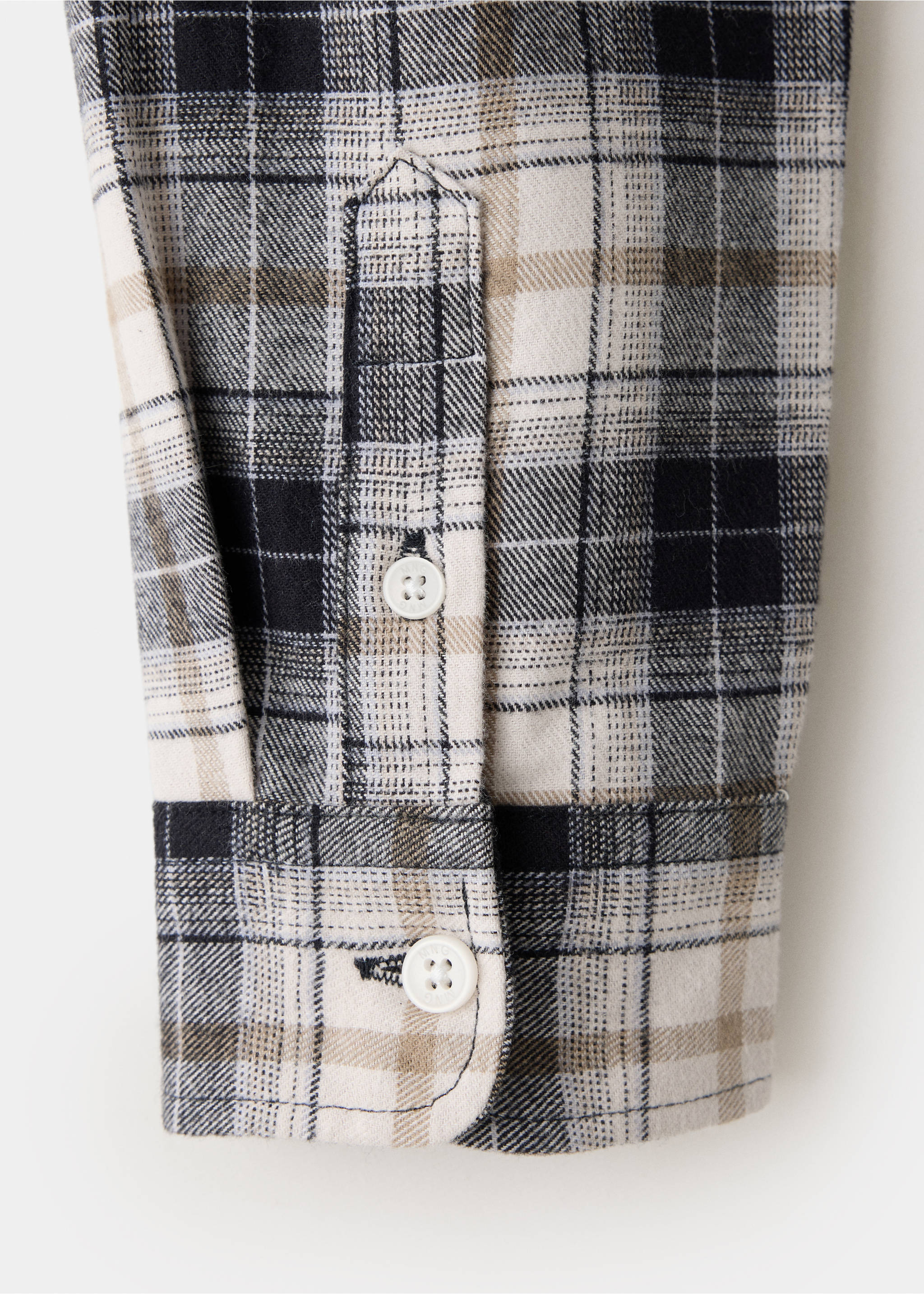 Checkered shirt sleeve detail in black, white, and tan with white buttons., Charcoal. Ref: 37067911-00.