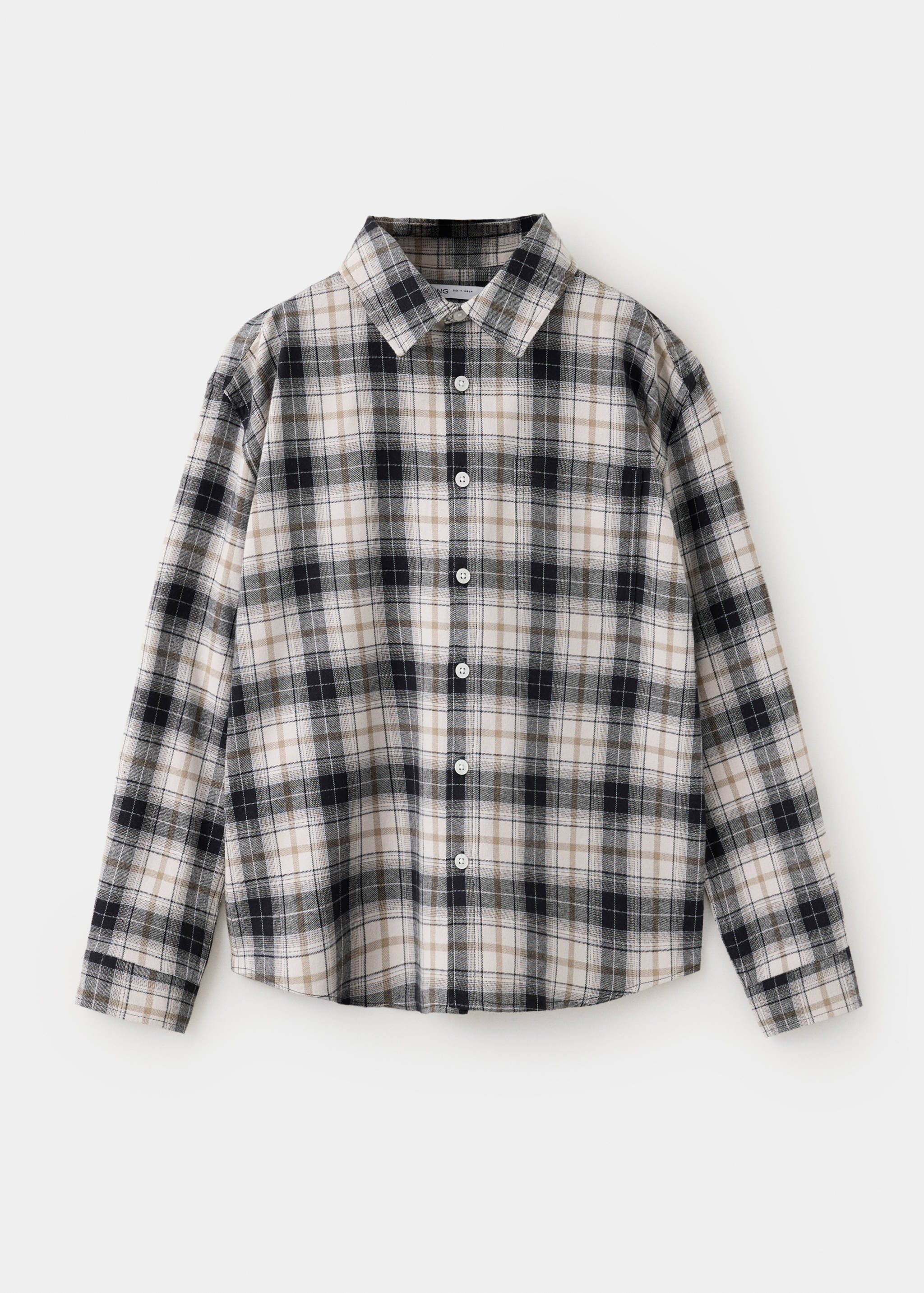 Kids' black, beige and white plaid shirt with long sleeves and a button-up front.