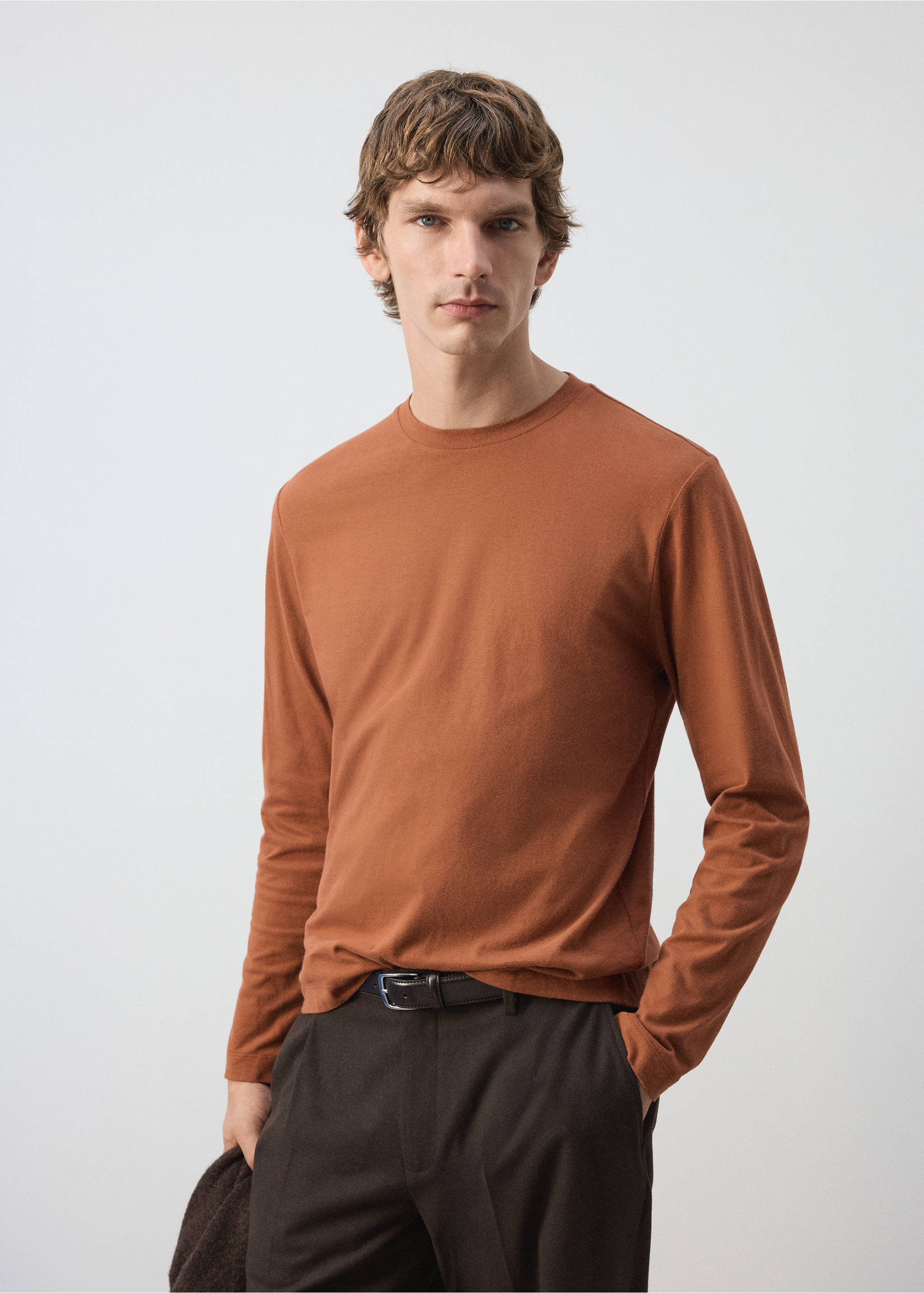 Rust-orange long-sleeve t-shirt with a crew neck., Burnt Orange. Ref: 37067912-00.