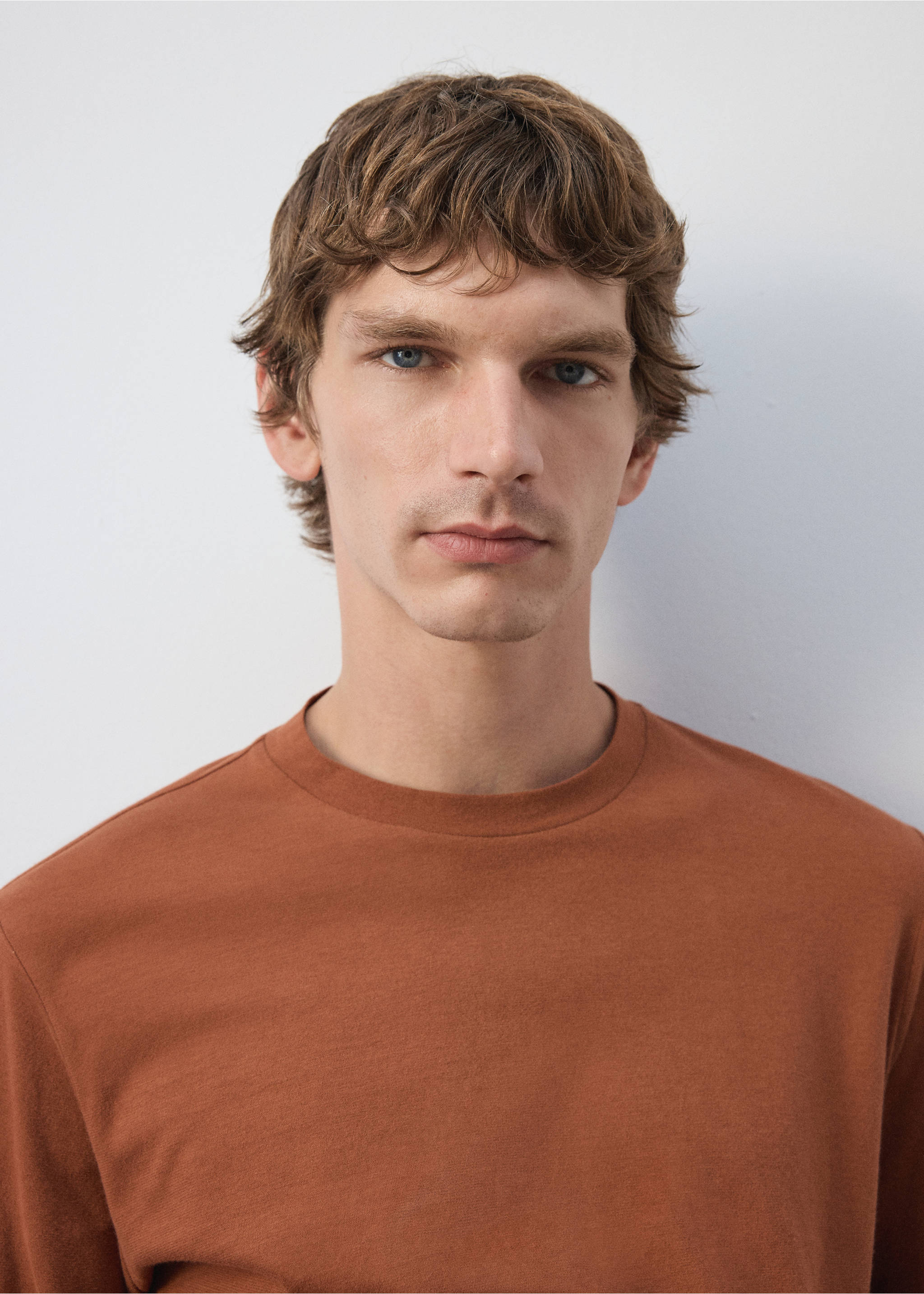 Rust-brown crew neck t-shirt in a close-up model view, Burnt Orange. Ref: 37067912-00.
