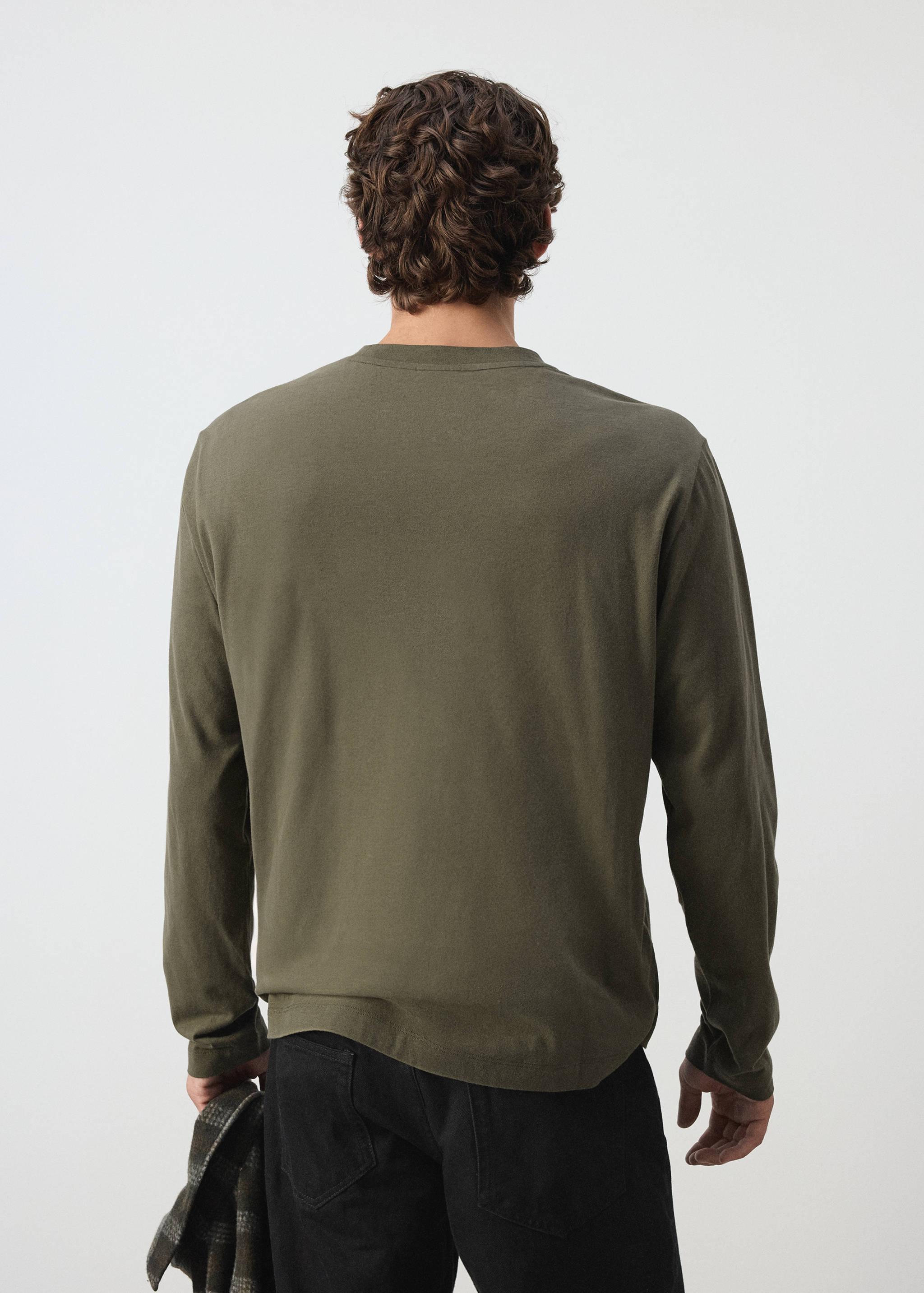 Olive green long-sleeve t-shirt seen from the back.