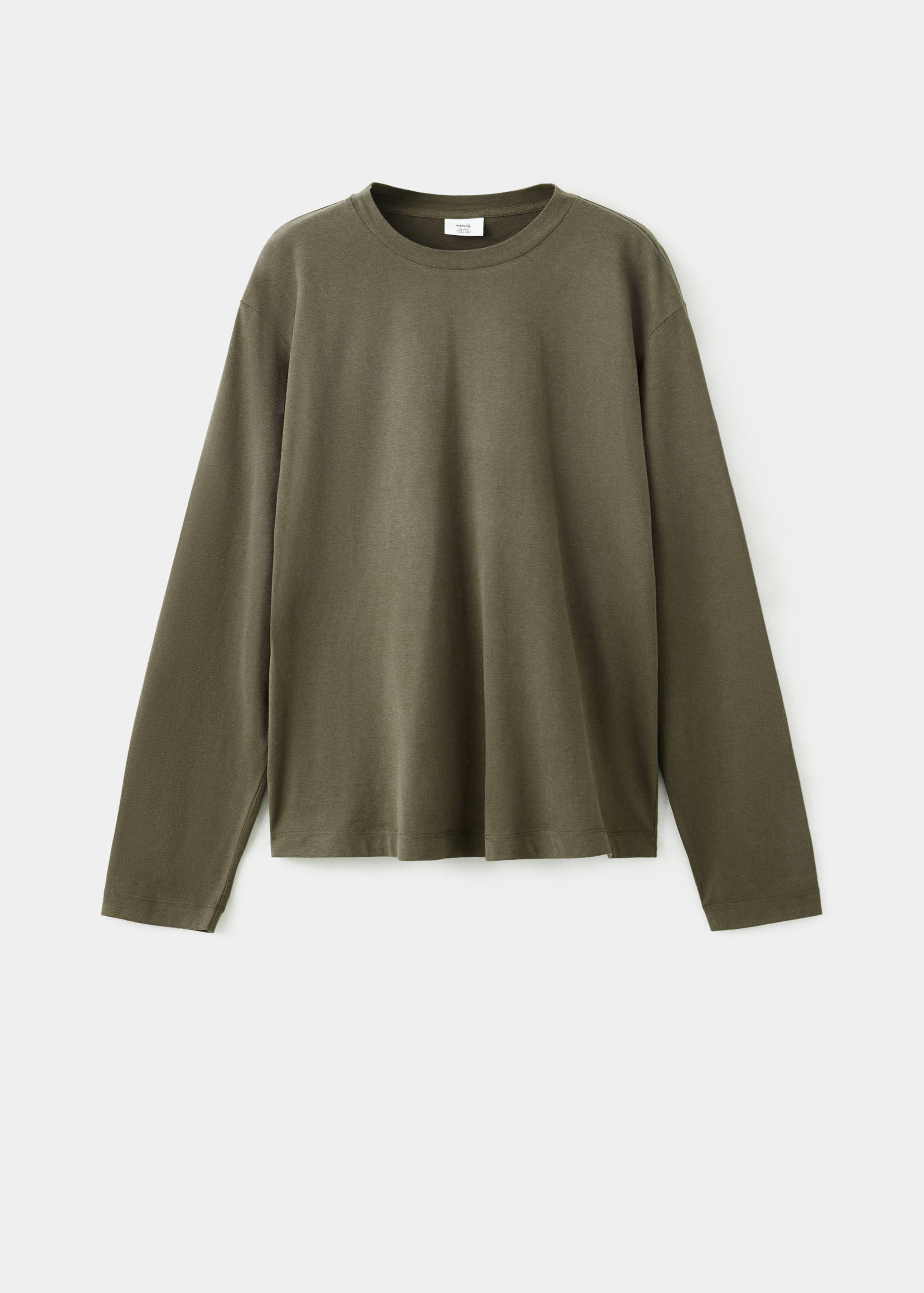 Khaki green long-sleeve t-shirt with a crew neck.
