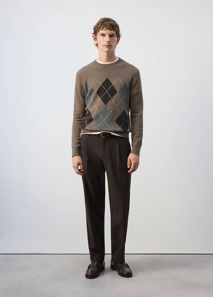 Sweter z dzianiny z mieszanki wełny średni brązowy - Mężczyzna - S - MANGO MAN