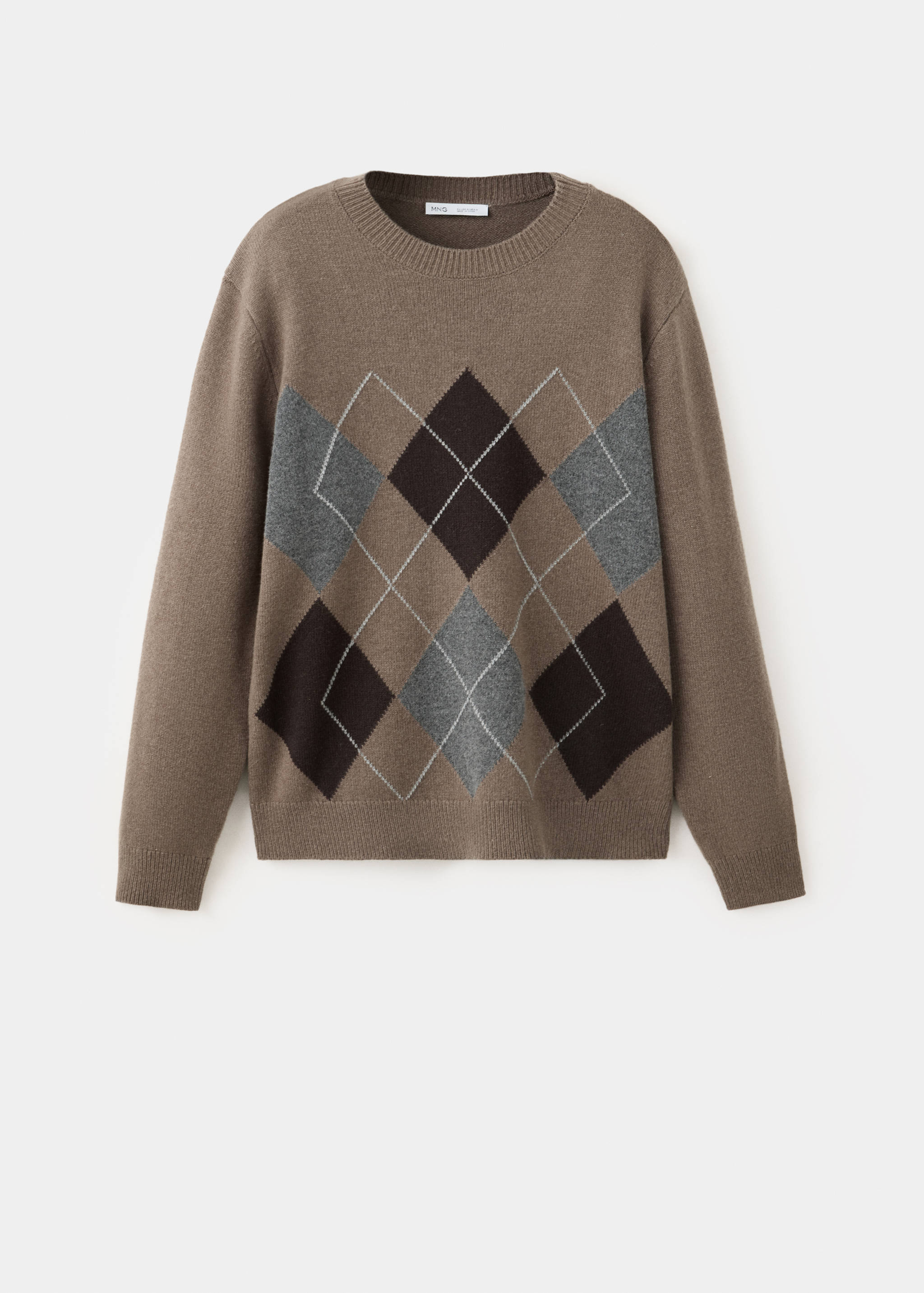 Brown argyle knit sweater with a crew neck.