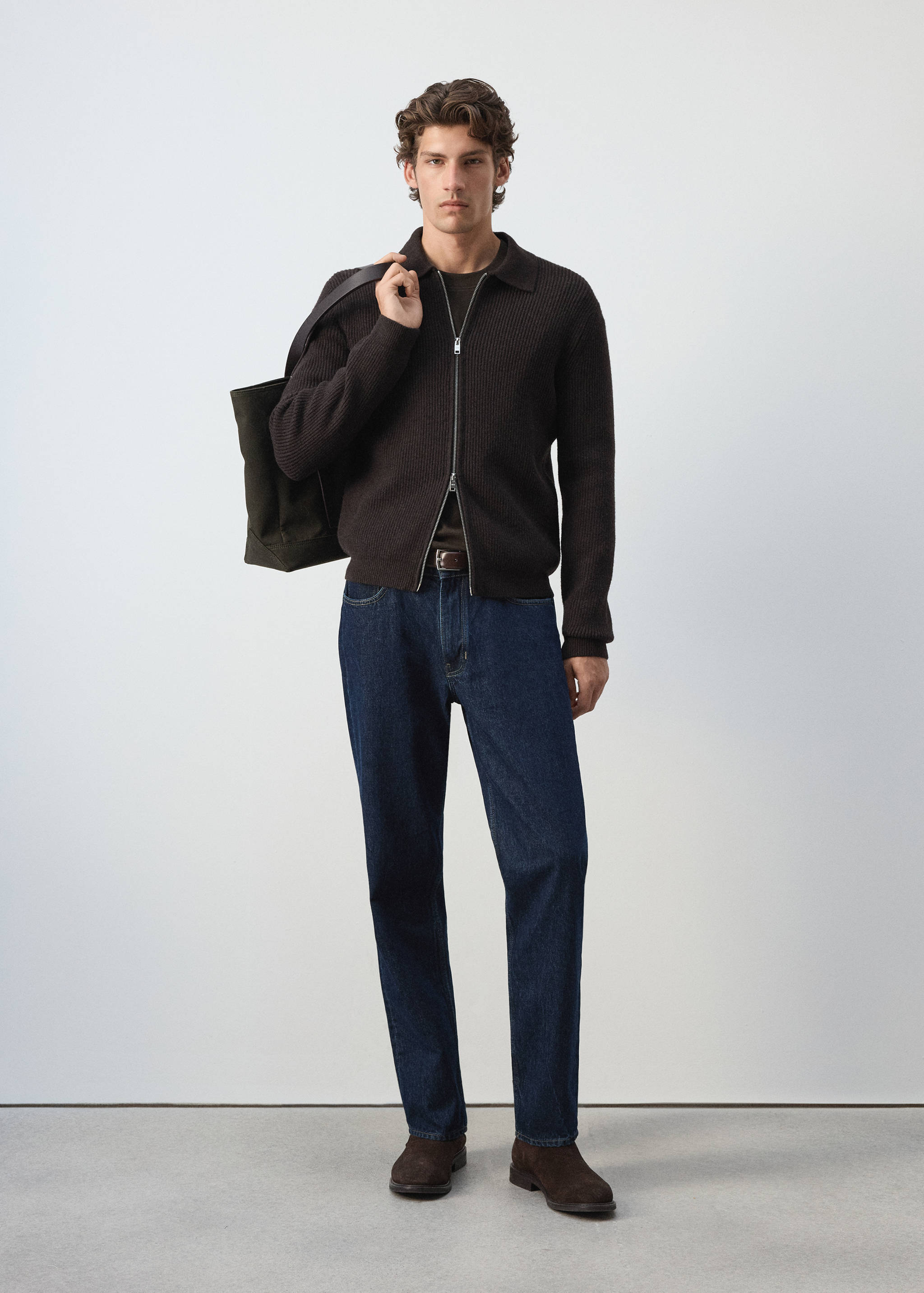 Cardigan en mélange de laine et coton, côtelé - Plan général