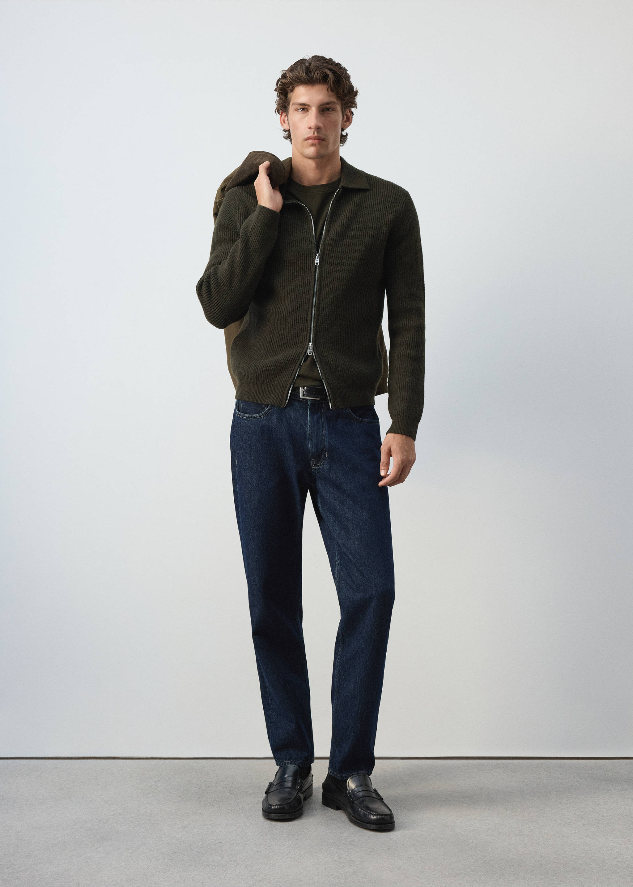 Ribbed wool and cotton blend cardigan - General plane, Khaki. Ref: 37067916-00.