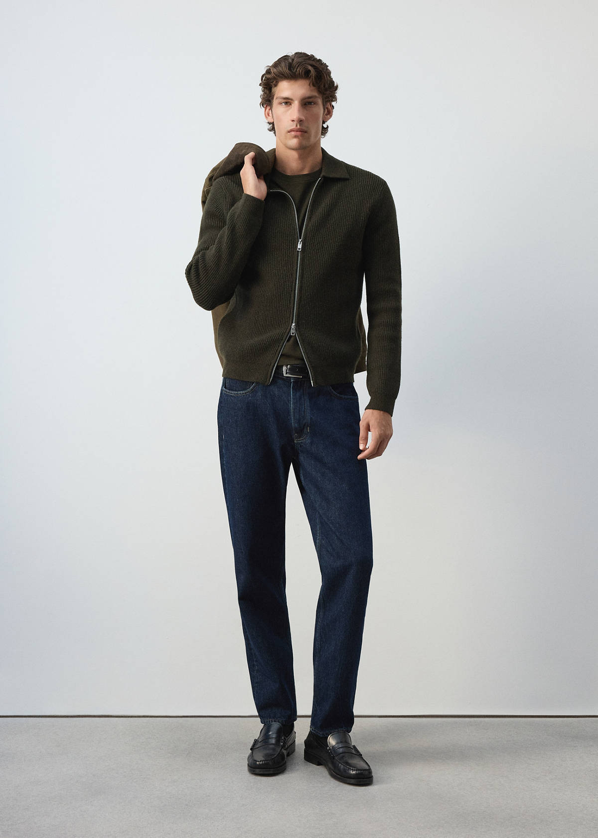 Wool-blend ribbed cardigan — Khaki