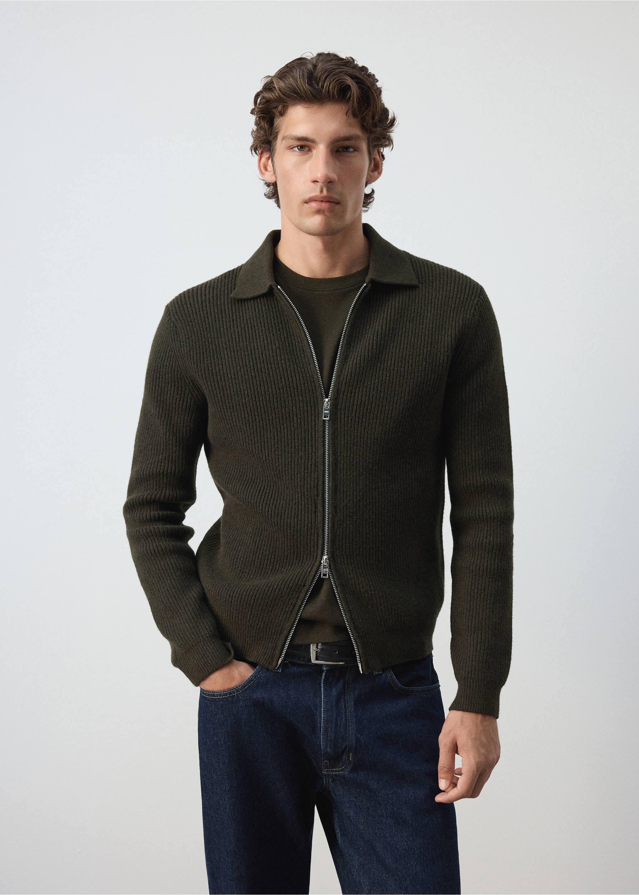 Ribbed wool and cotton blend cardigan - Medium plane, Khaki. Ref: 37067916-00.