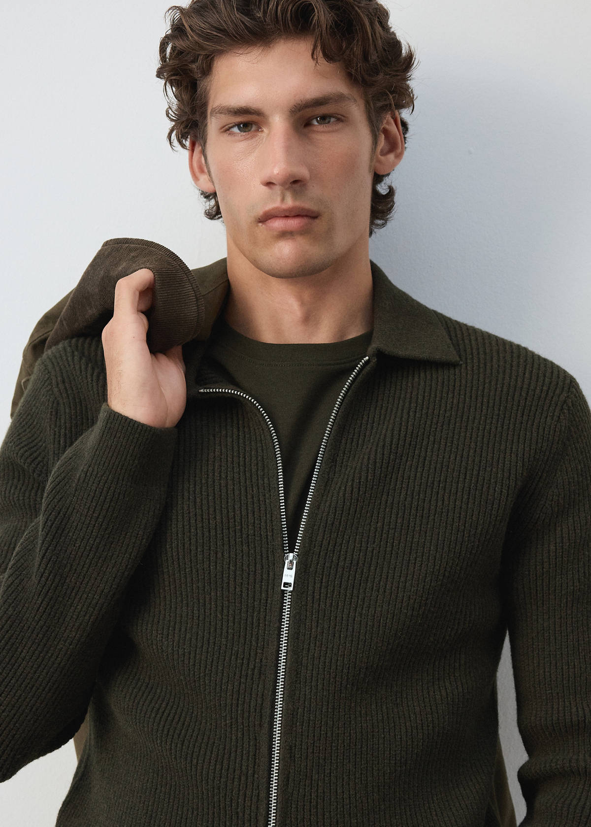 Wool-blend ribbed cardigan — Khaki