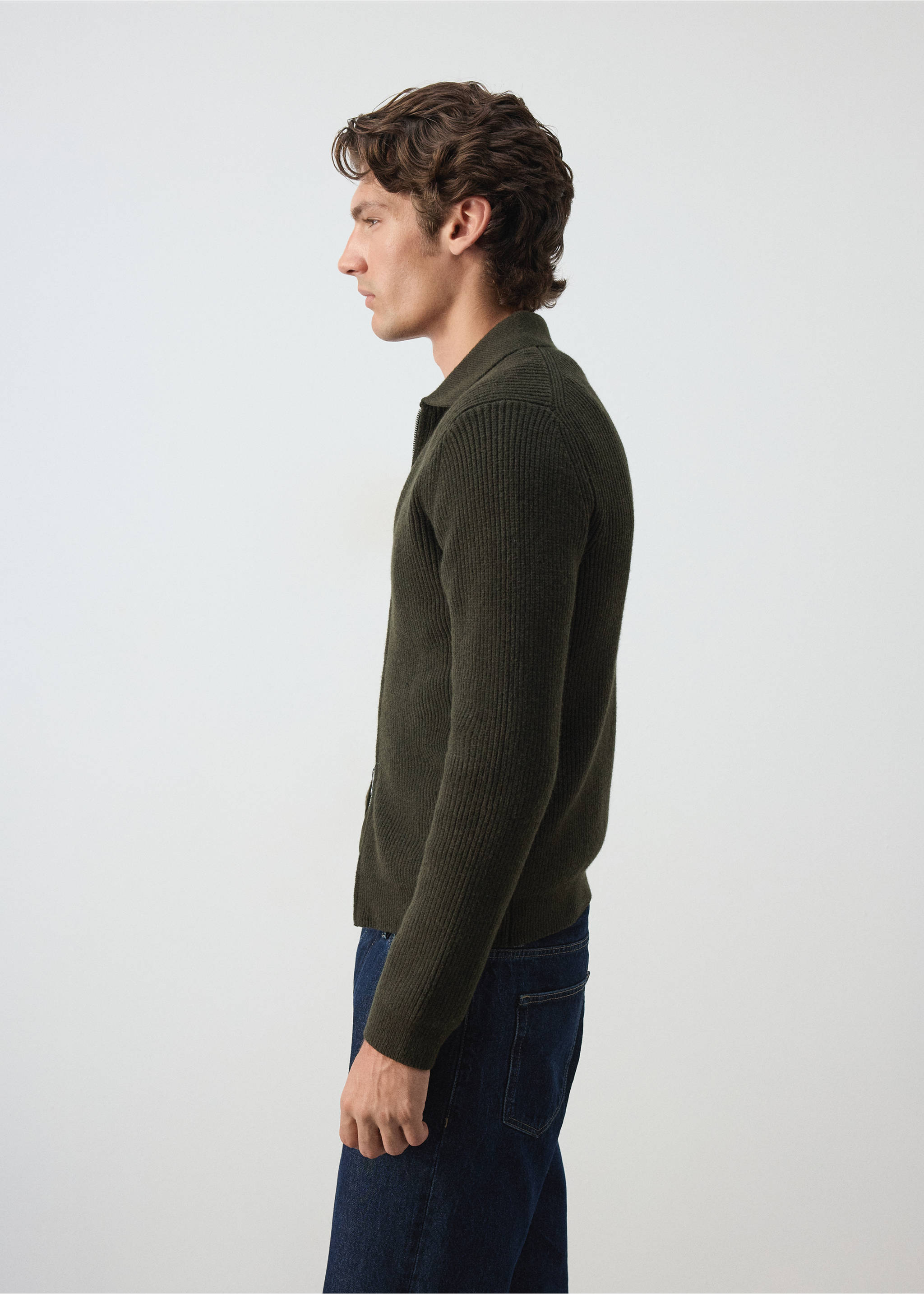 Ribbed wool and cotton blend cardigan - Details of the article 2, Khaki. Ref: 37067916-00.