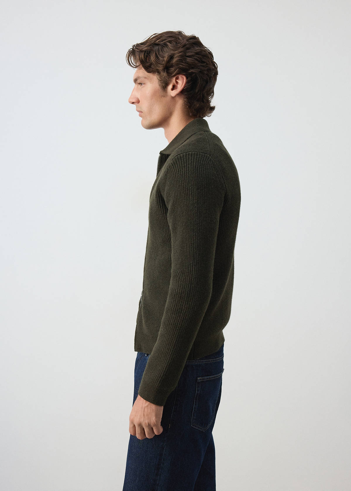 Wool-blend ribbed cardigan — Khaki